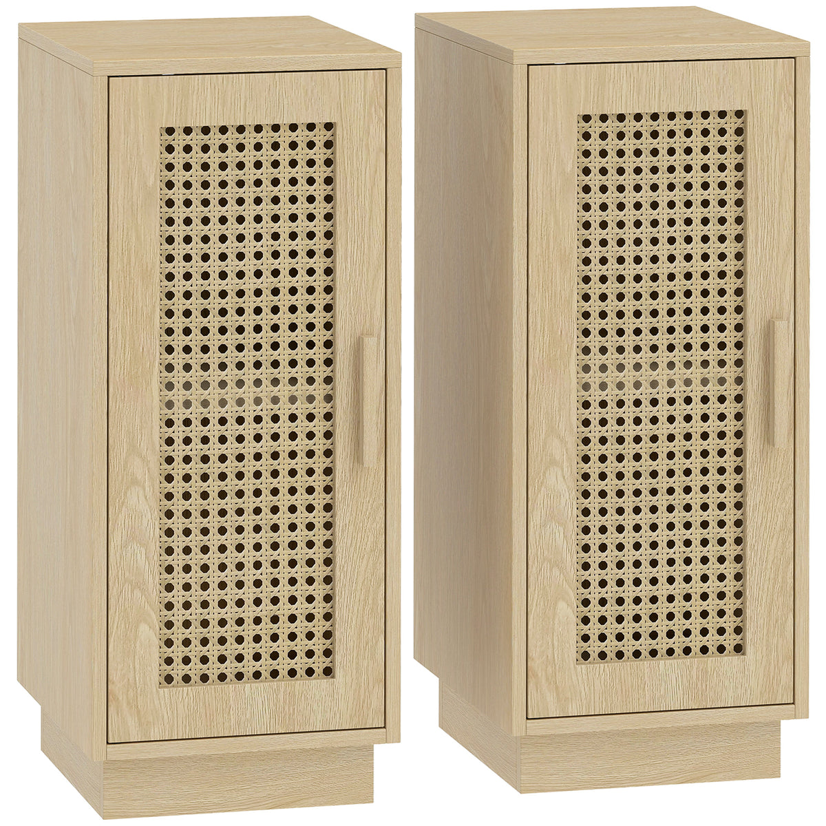 HOMCOM Set of 2 Bedside Tables with Rattan-Decor Doors, Boho Slim Nightstands with Adjustable Shelf, Natural Wood Finish Default Title