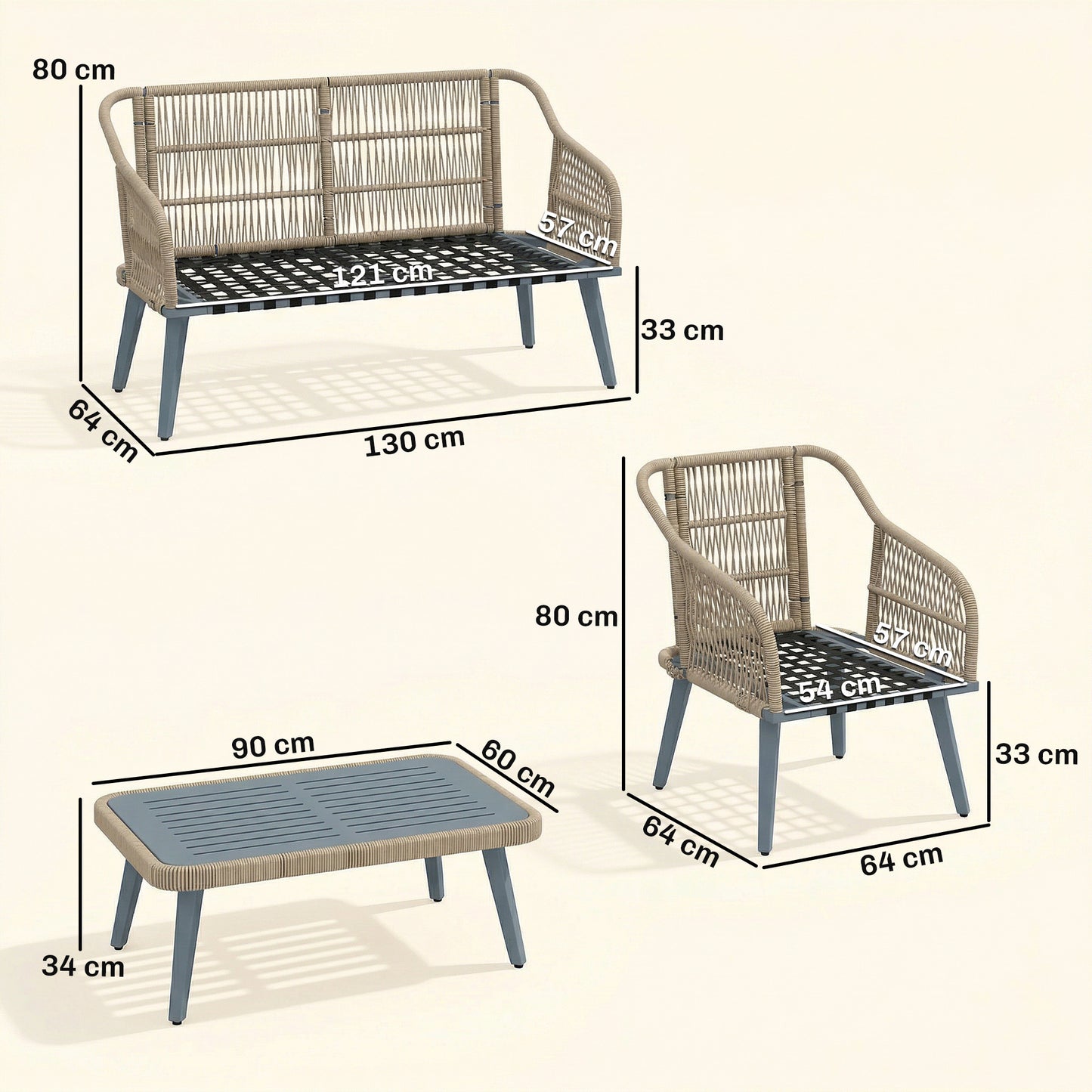 Outsunny 4 Piece Rattan Garden Furniture Set with Loveseat, Wicker Patio Conversation Set, Grey