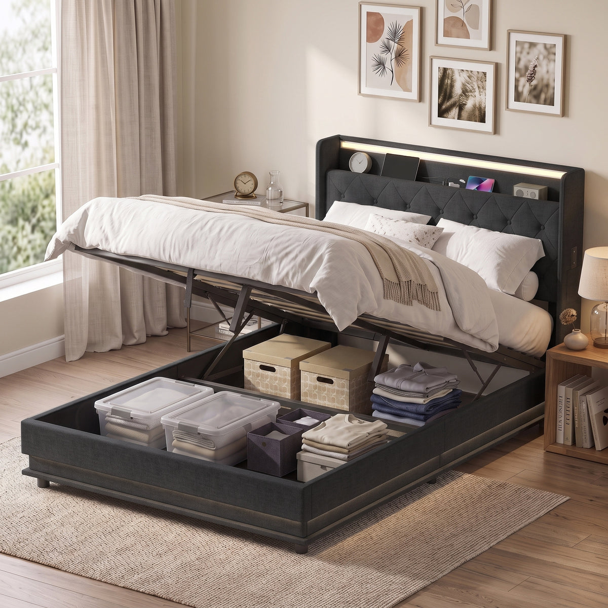 HOMCOM 4ft6 Double Bed Frame with Headboard, Platform Bed Frame with Hydraulic Storage, LED Lights and Charging Station, Black