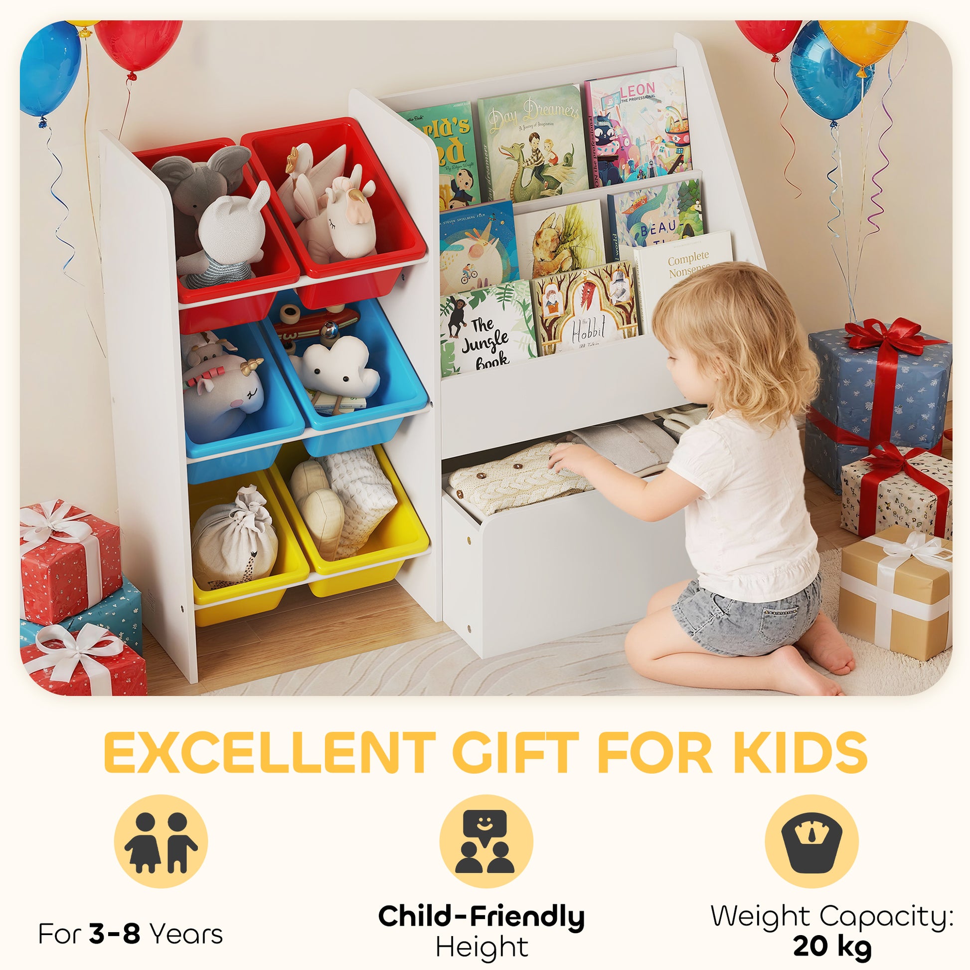AIYAPLAY Toy Storage Unit, 3-Tier Toy Organiser Shelf with 6 Removable Storage Bins for Bedroom, Nursery, Multicoloured