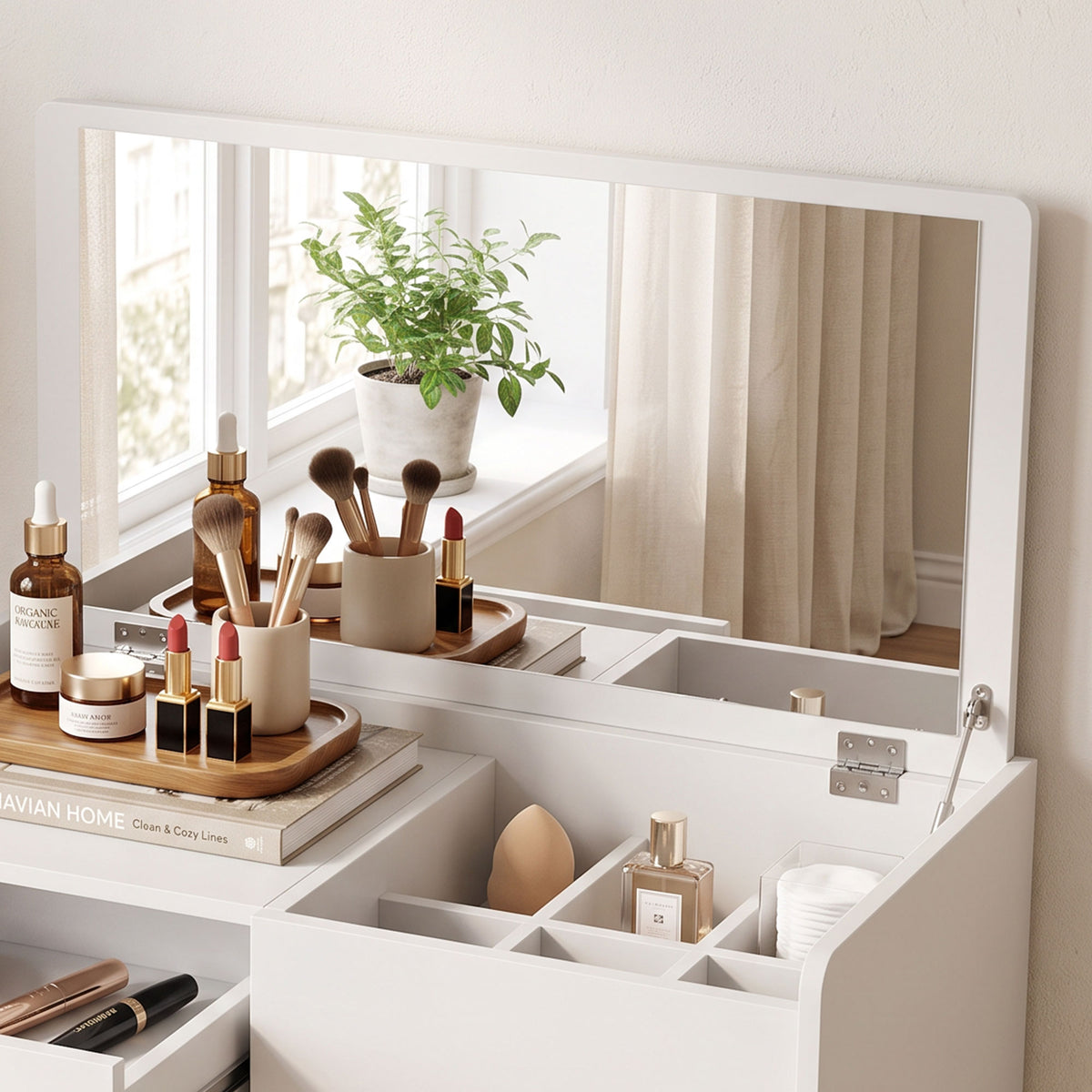 HOMCOM Vanity Desk with Mirror Dressing Table Drawer Set 6 Compartments Storage Stool White