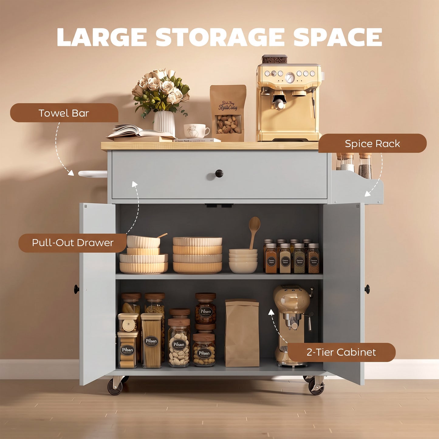 HOMCOM Kitchen Island with Drop Leaf, Rolling Kitchen Storage Trolley on Wheels with Drawer, Spice Rack and Towel Rack, Grey