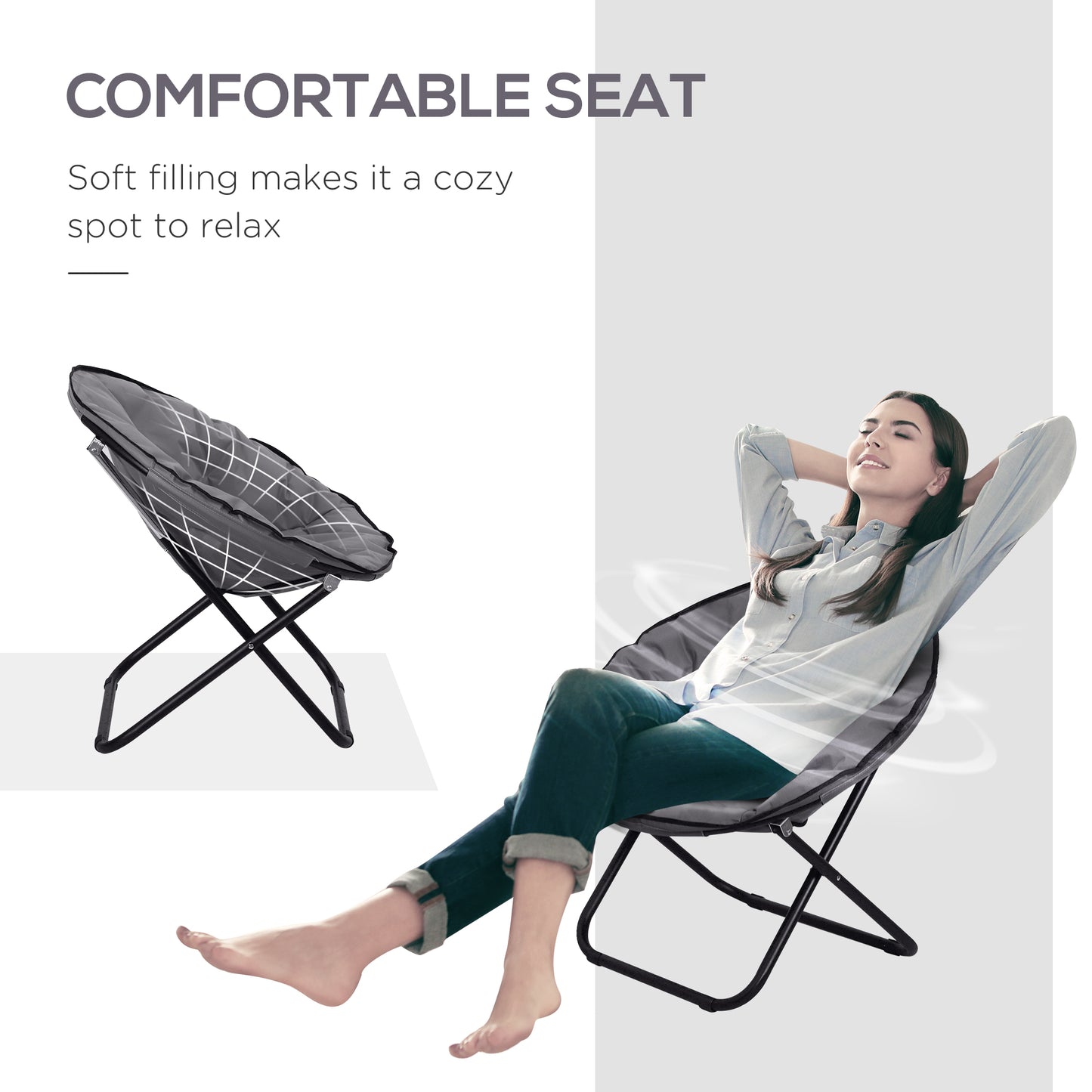 Outsunny Camping Moon Chair, Portable Folding Camping Chair for Adults with Wide Padded Oxford Seat for Outdoor Camp, Travel, Fishing, Beach, Grey