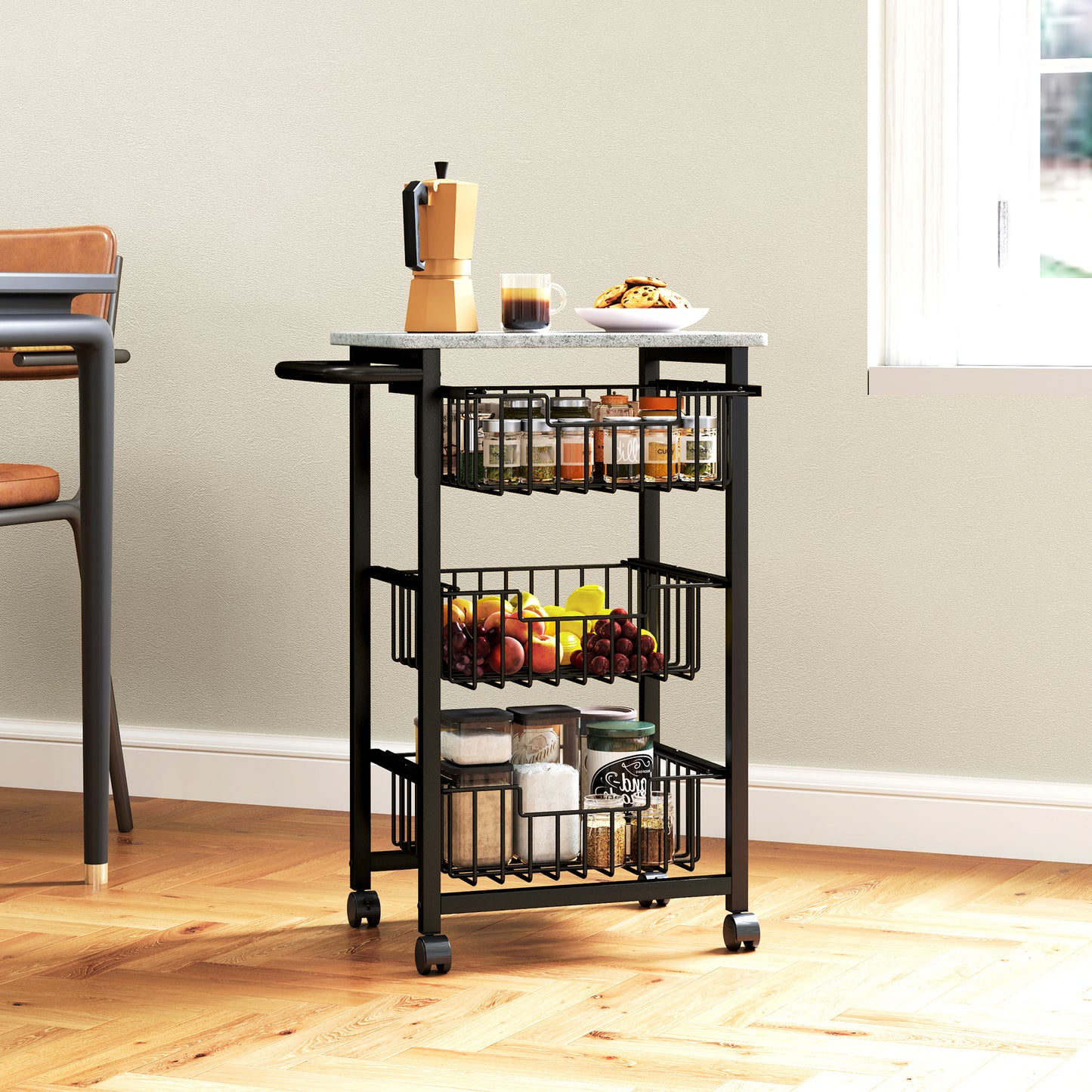HOMCOM Three Basket Mobile Kitchen Island, with Brakes - Grey/Black