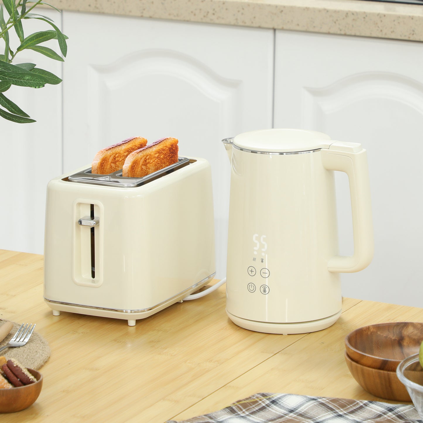HOMCOM Digital Stainless Steel Kettle and Toaster Set, 1.5L 3000W Fast Boil Kettle, 2 Slice Toaster with 7 Level Browning Controls, Defrost, Reheat, Keep Warm, Crumb Tray and LED Touch Display, Beige
