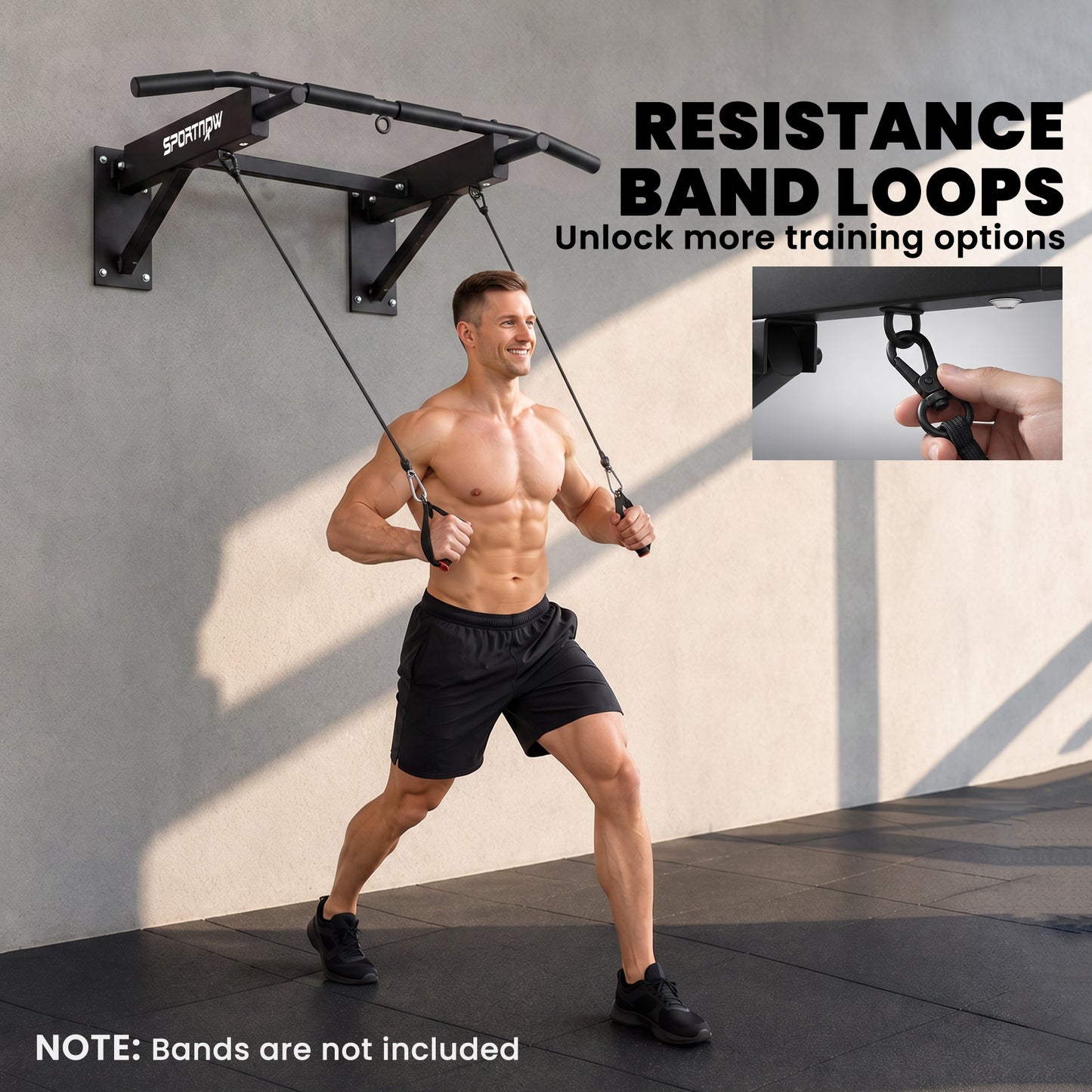 SPORTNOW Pull Up Bar Wall Mounted Chin Up Bar with Folding Design, 3 Hooks for Resistance Bands, Supports up to 120 kg, Black