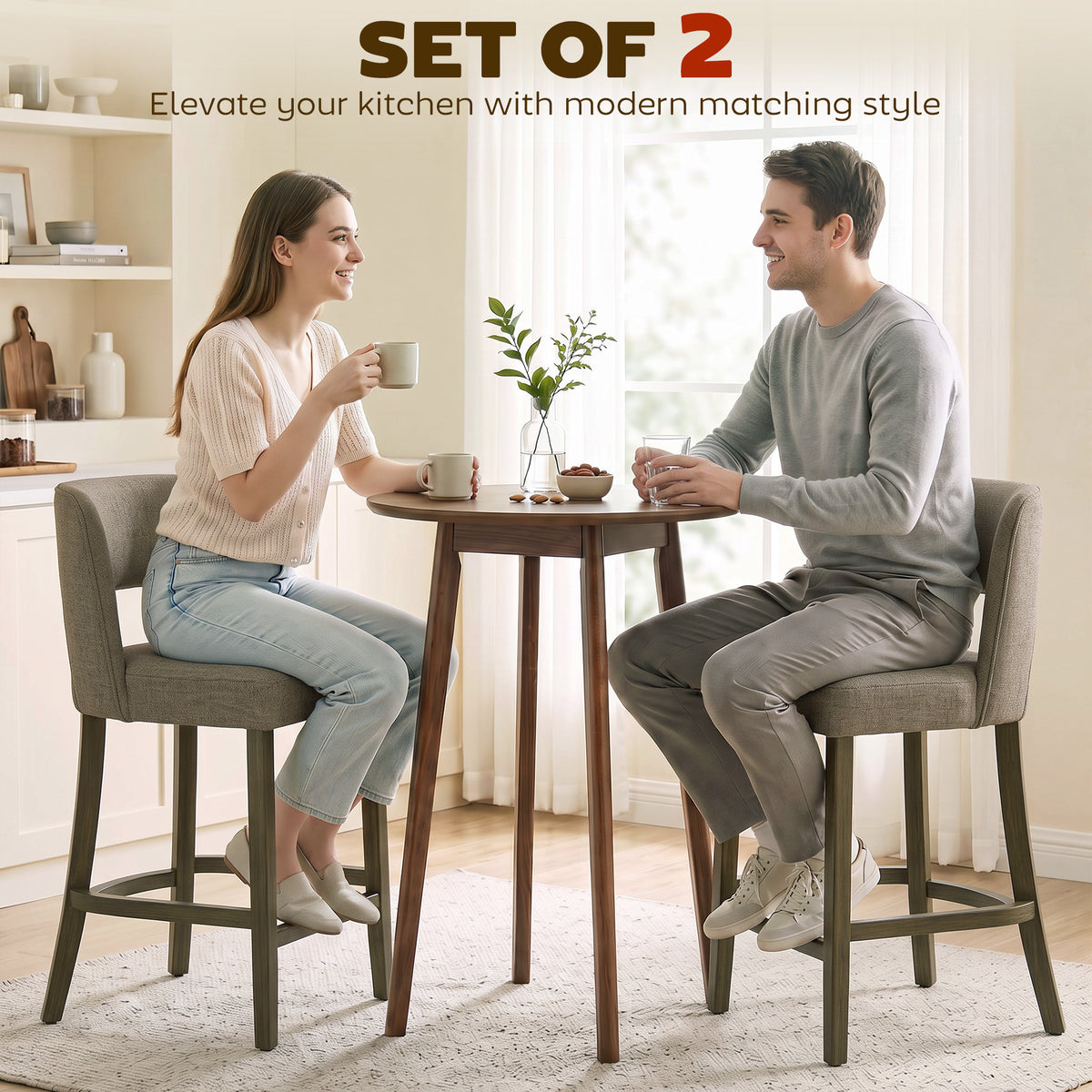 HOMCOM Bar Stools Set of 2, Counter Height Bar Stools with Curved Backrest, for Kitchen Island, Dining Room, Living Room, Brown