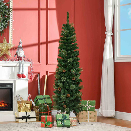 HOMCOM 5.5FT Tall Pencil Slim Artificial Christmas Tree with Realistic Branches, Tip Count and Pine Cones, Pine Needles Tree, XmasÂ Decoration, Green