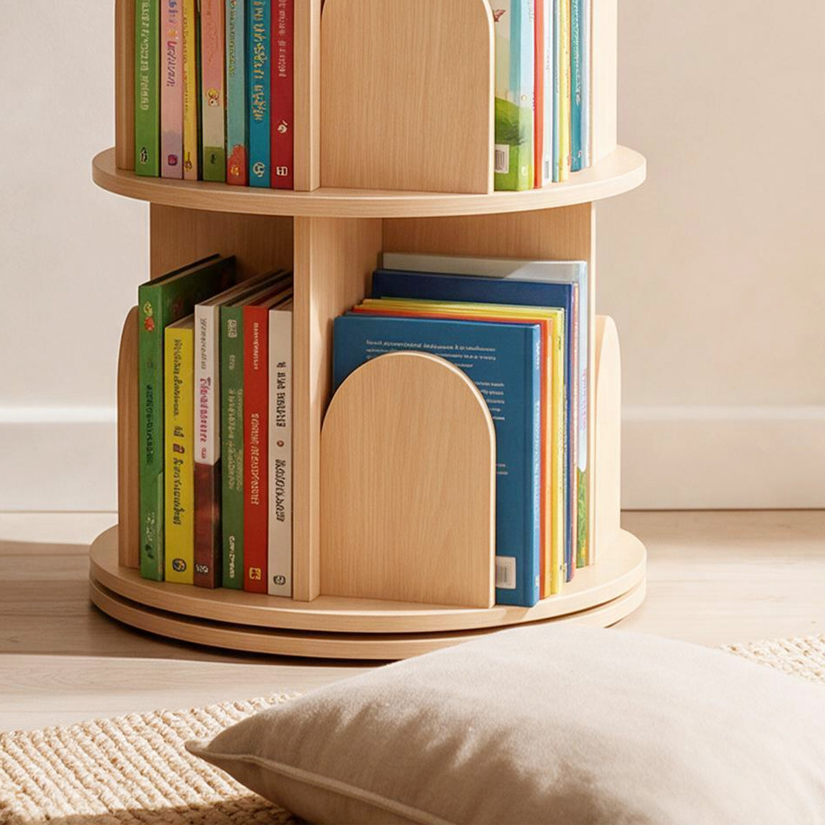 AIYAPLAY 3-Tier Rotating Bookcase, Round Kids Bookshelf Floor Standing 360Â° Rotating for Bedroom, Kids Room and Playroom, Natural