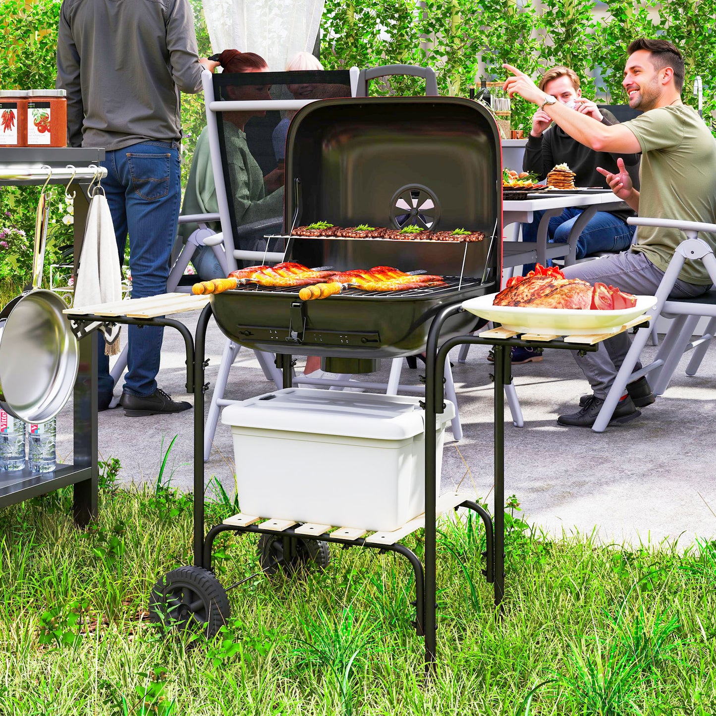Outsunny Charcoal Barbecue Grill Portable BBQ Grill with 1840 cmÂ² Cooking Area, 3 Shelves, Adjustable Vent, Lockable Lid, Wheels for Outdoor Cooking, Garden Party, Red