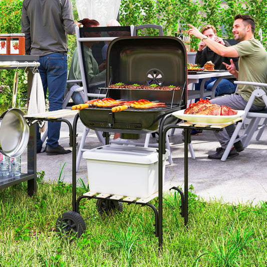Outsunny Charcoal Barbecue Grill Portable BBQ Grill with 1840 cmÂ² Cooking Area, 3 Shelves, Adjustable Vent, Lockable Lid, Wheels for Outdoor Cooking, Garden Party, Red