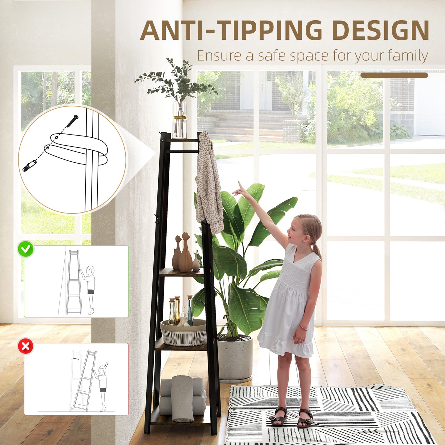 HOMCOM Compact Freestanding Coat Rack -  Black/Brown