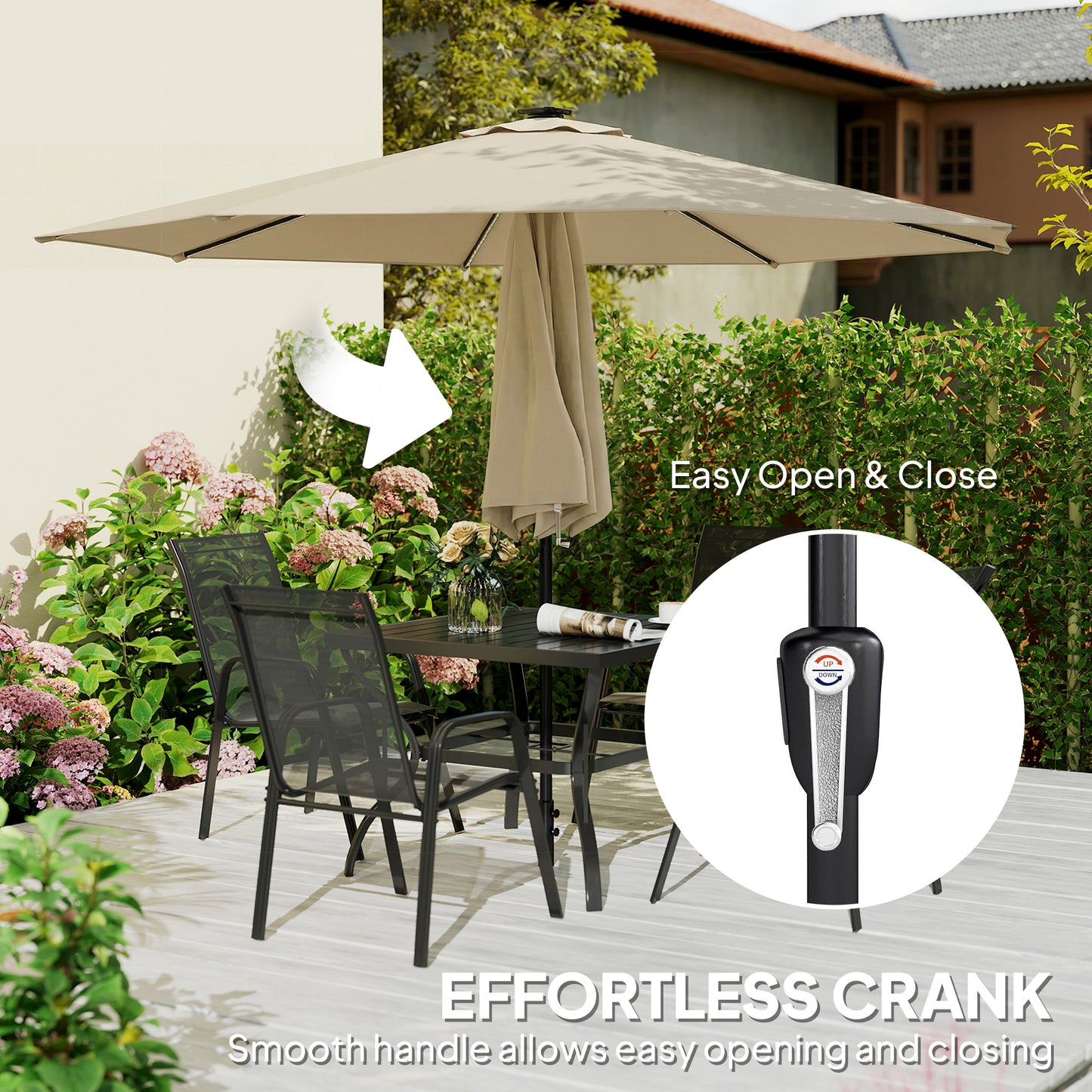 Outsunny 3 m Garden Parasol Umbrella with 112 Solar Powered LED Lights, Patio Umbrella with Crank Handle, Beige