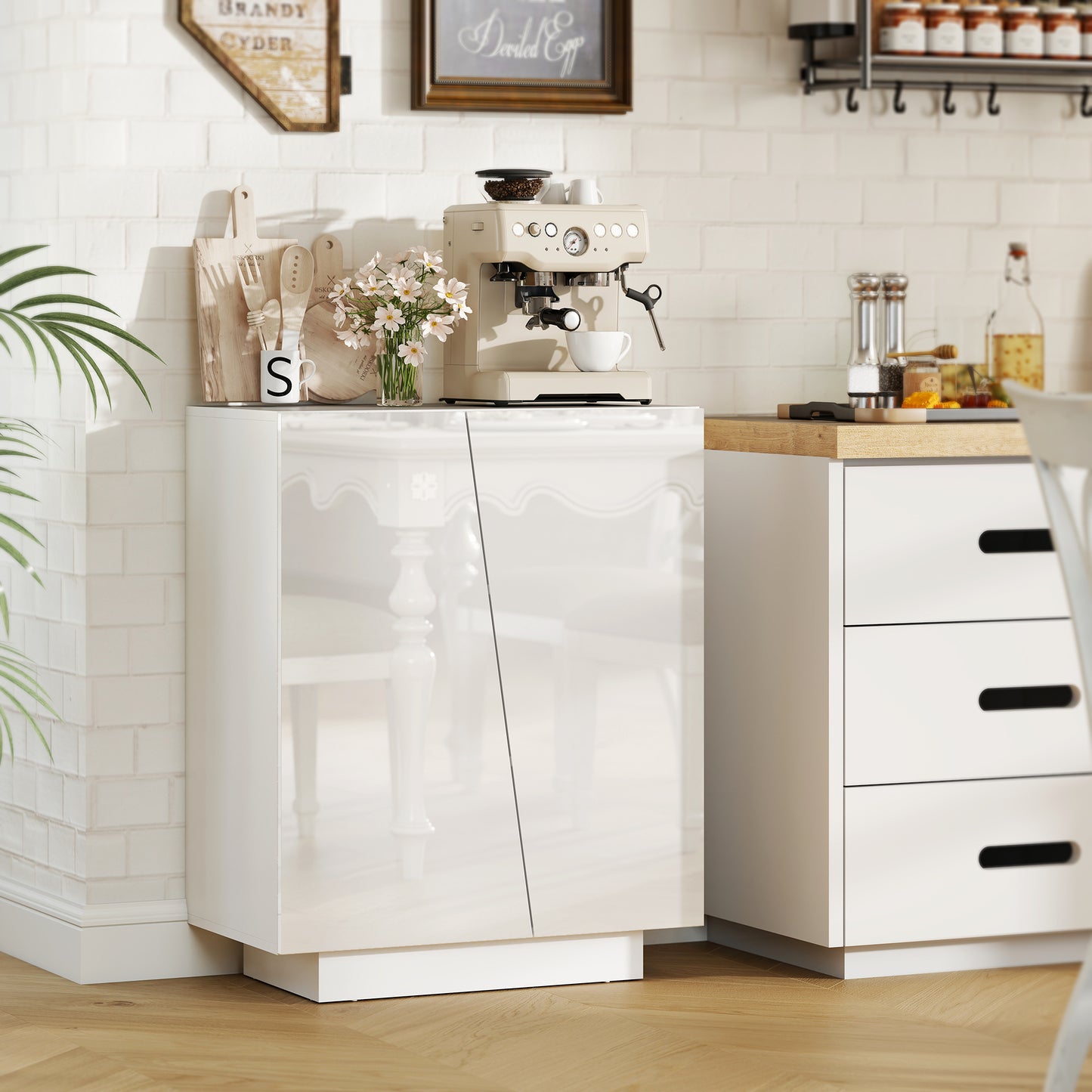 HOMCOM High Gloss Storage Cabinet, Freestanding Storage Cupboard with Adjustable Shelves for Living Room, Bedroom, Hallway, White
