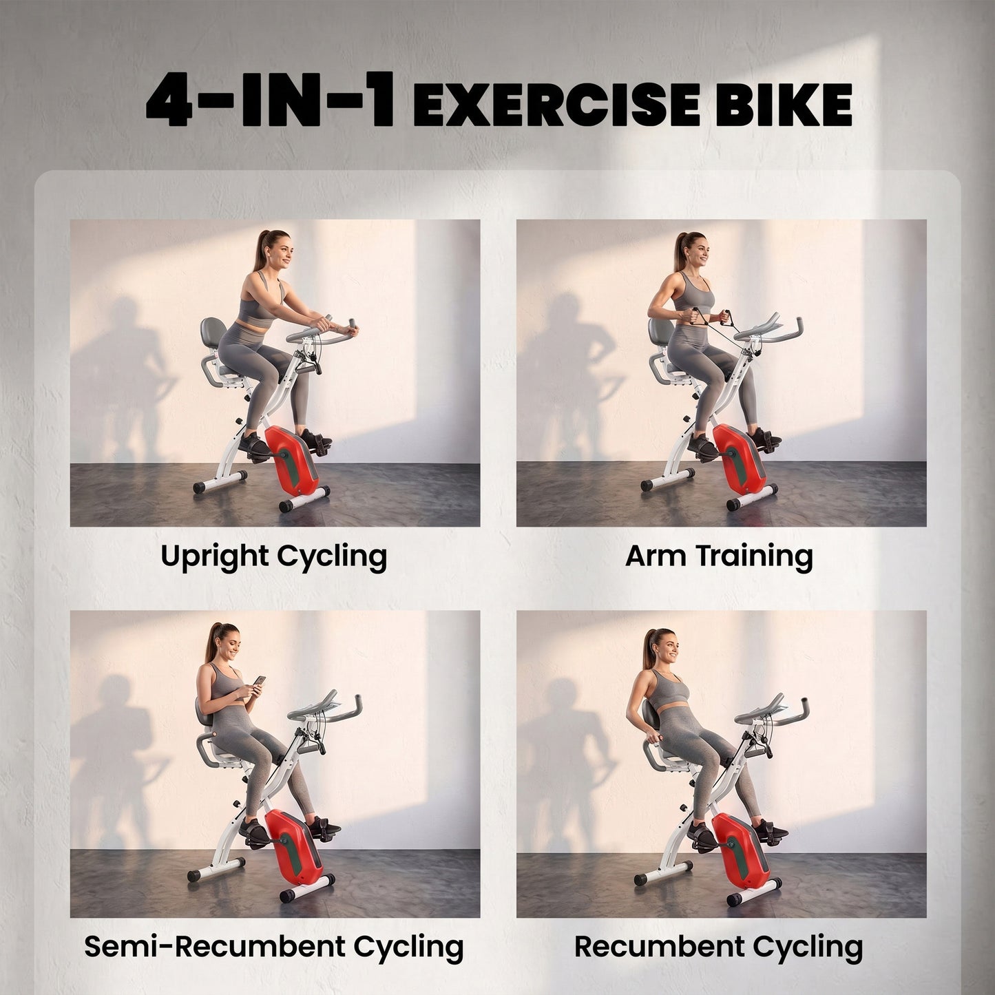 SPORTNOW 4-In-1 Folding Exercise Bike with Resistance Bands, Bluetooth App, 8-Level Magnetic Resistance, LCD Display, Orange