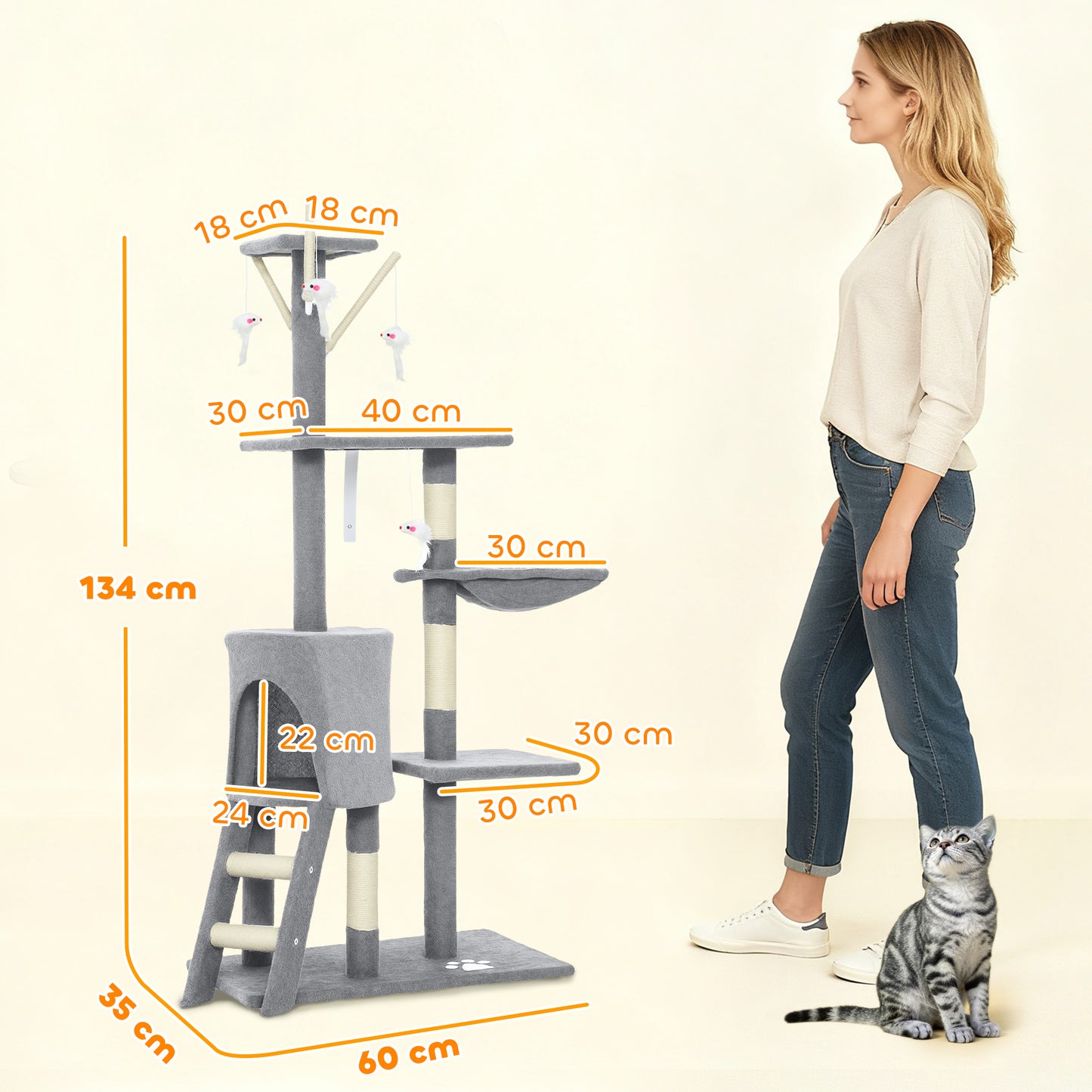 PawHut Multi-Level Cat Tower, 134cm Cat Tree with Condo and Sisal Scratching Posts for Indoor Kittens, Grey