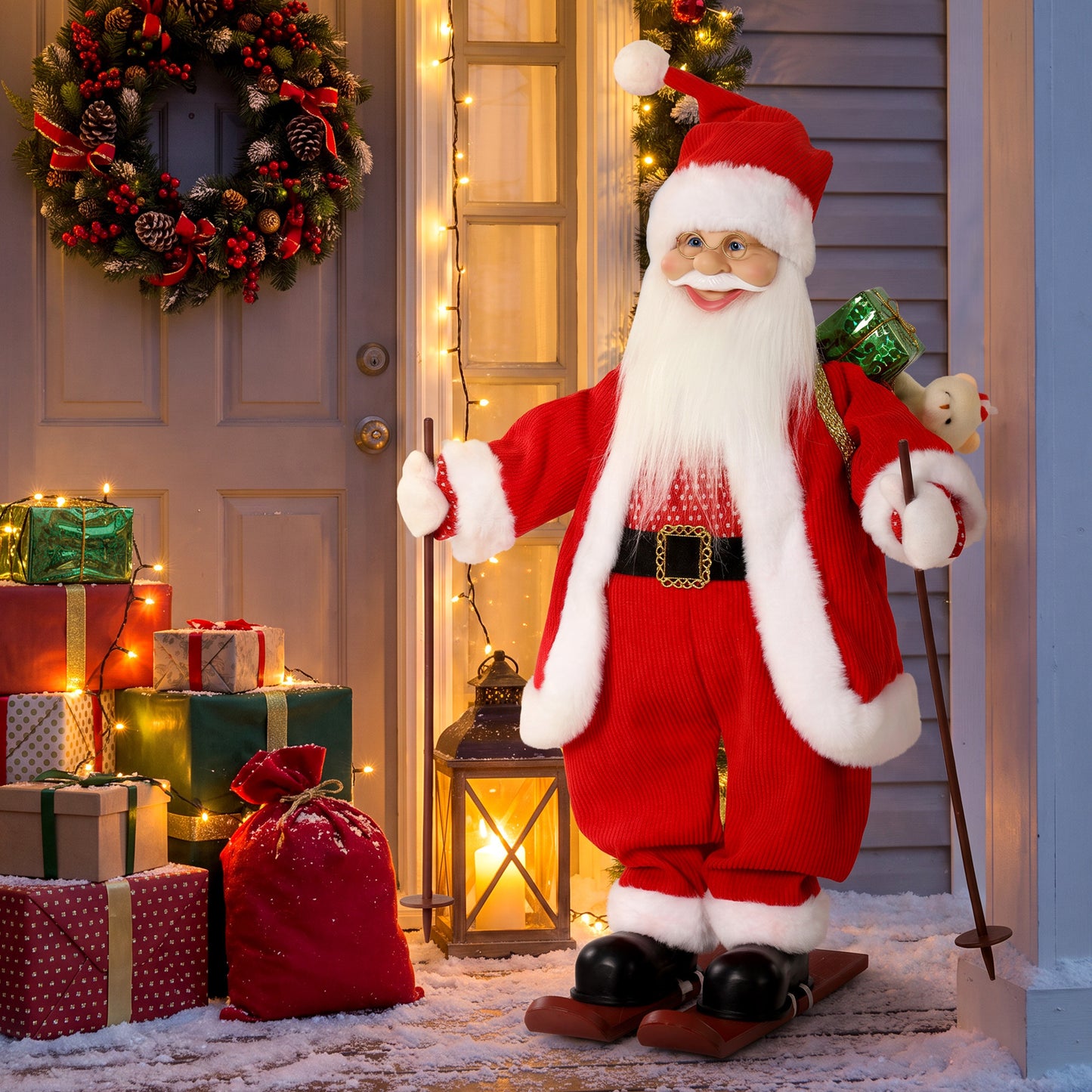 HOMCOM 2ft Singing Skiing Santa Claus, Standing Christmas Animated Santa Figure with Ski Board, Sack, Sound/Touch Activated