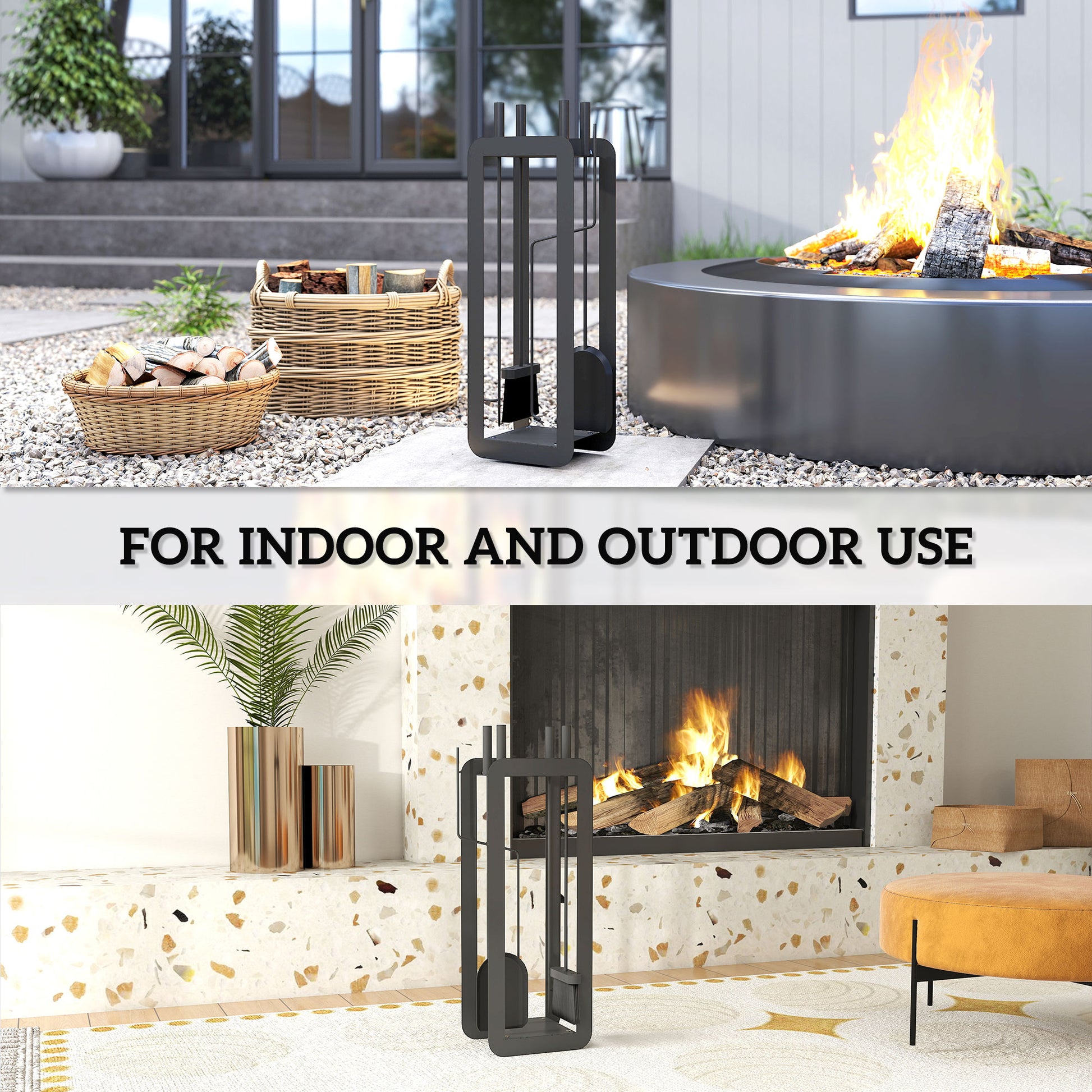 Outsunny 5 Pieces Fireplace Companion Set, Metal Fireplace Accessories Fireside Companion Set with Brush, Shovel, Poker, A Pair of Tongs, Stand, Black