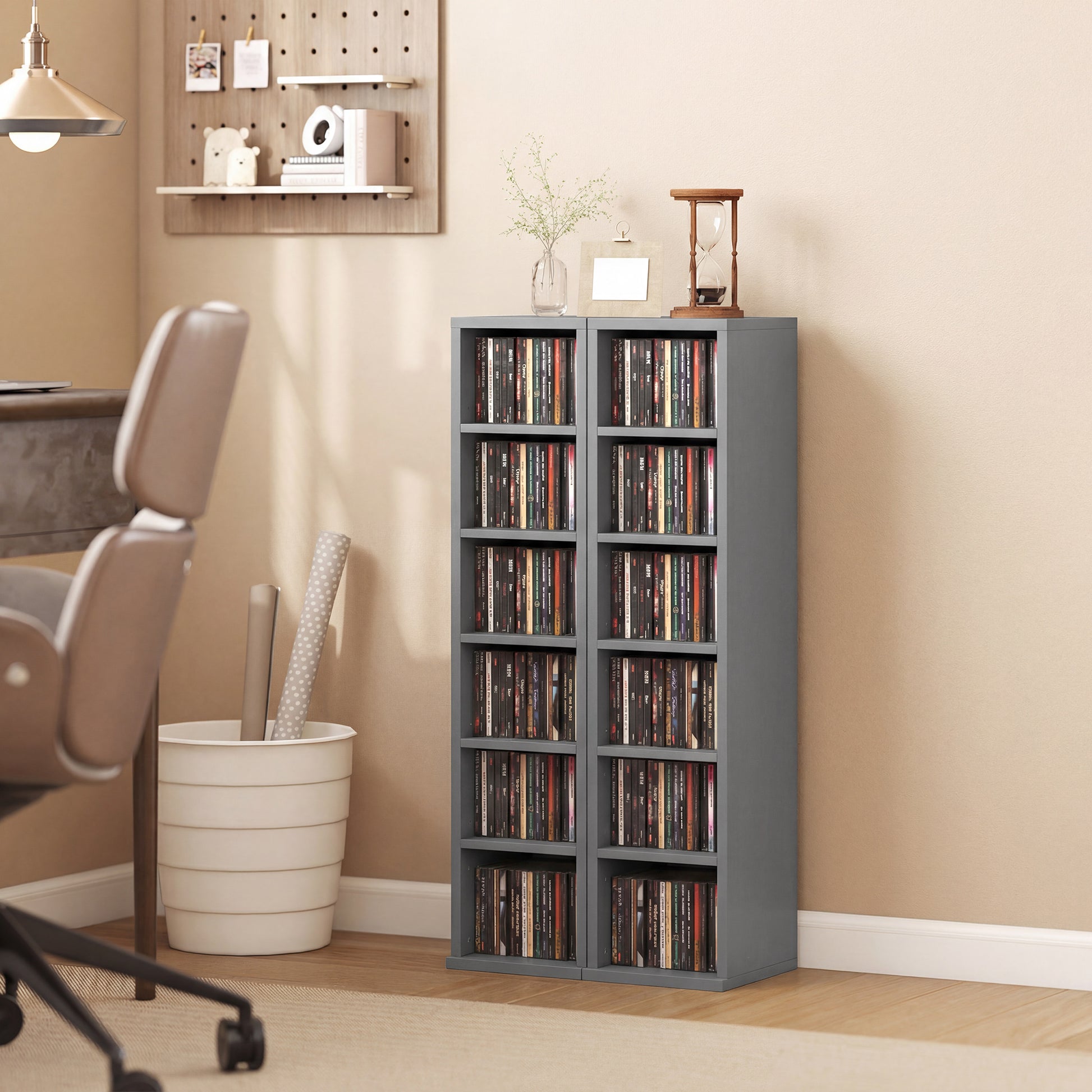 HOMCOM Set of 2 CD Media Display Shelf Unit Tower Rack with Adjustable Shelves, Light Grey