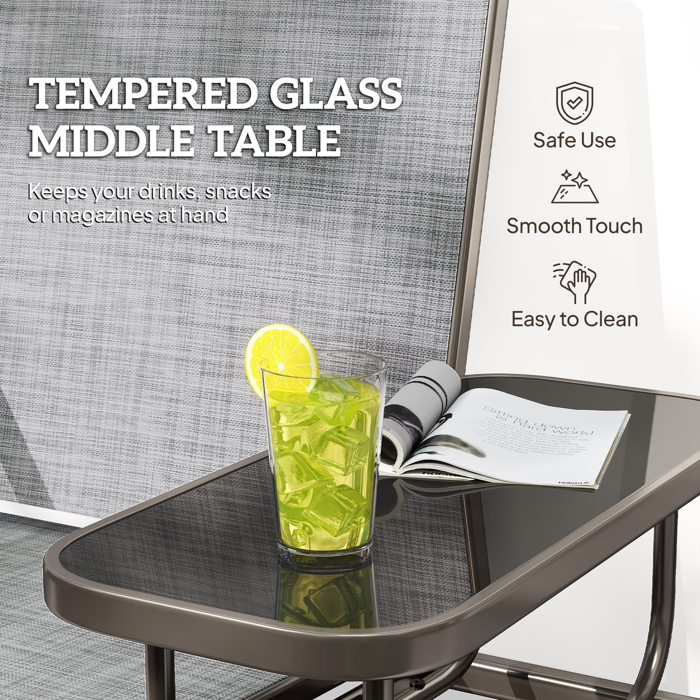 Outsunny 2 Seats Garden Glider Bench, Metal Frame Loveseat with Glass Top  Centre Table, Porch Rocking Glider for 2 Person, for Deck, Patio, Brown/ Grey