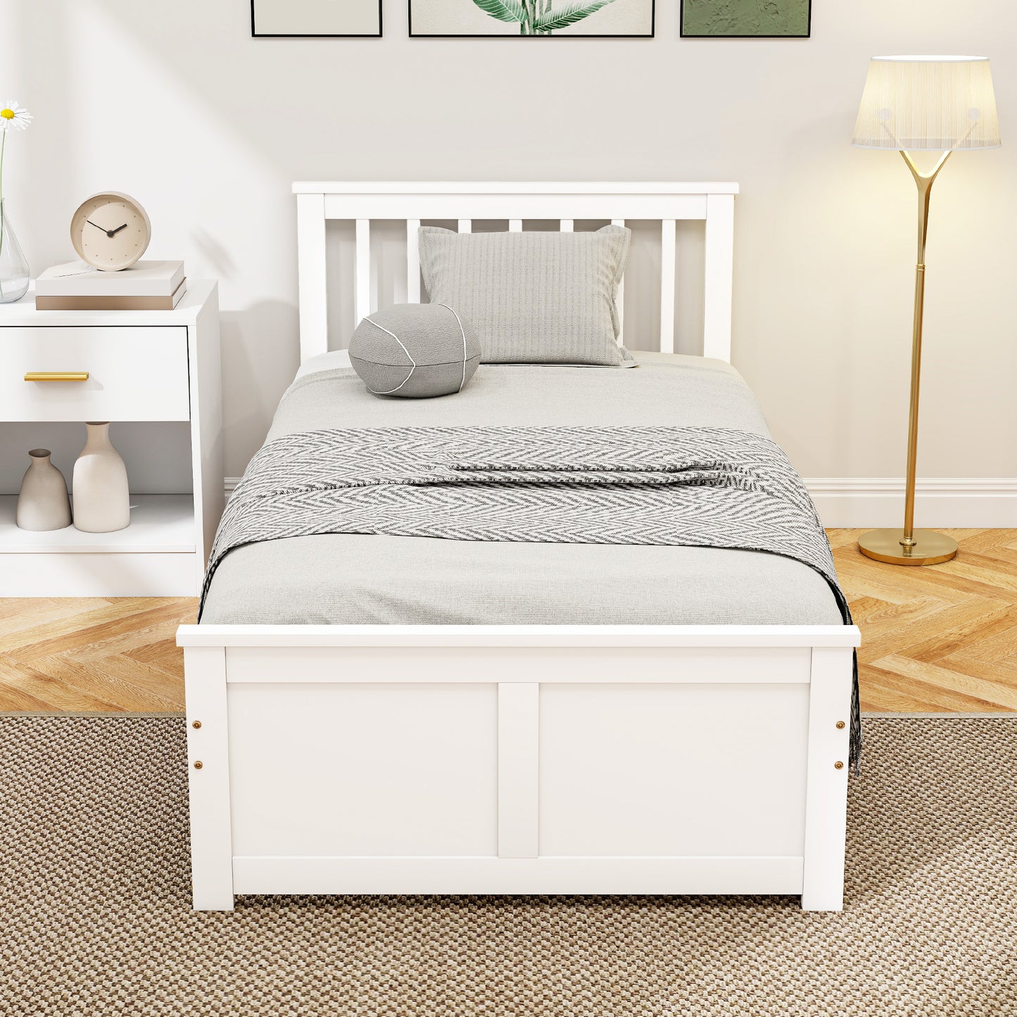 HOMCOM Wooden Single Bed Frame, with Drawers - White