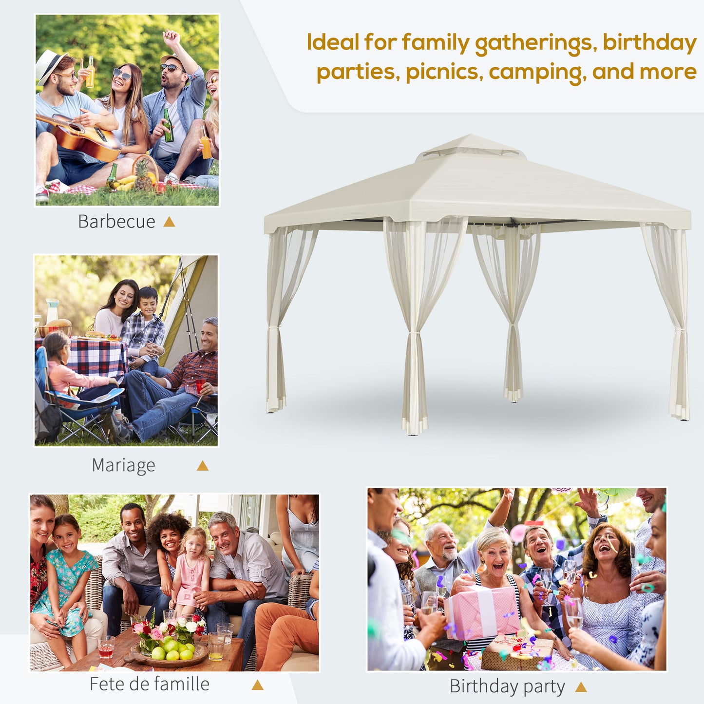 Outsunny 3 x 3 m Metal Gazebo, Garden Pavillion, DoubleÂ Roof Outdoor Canopy Shelter with Mesh Sidewalls, Cream White
