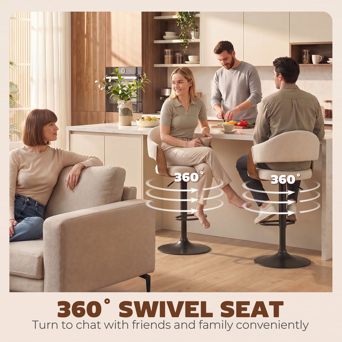 HOMCOM Bar Stools Set of 2 Height Adjustable Bar Chairs Swivel Backrest Footrest Faux Linen Beige