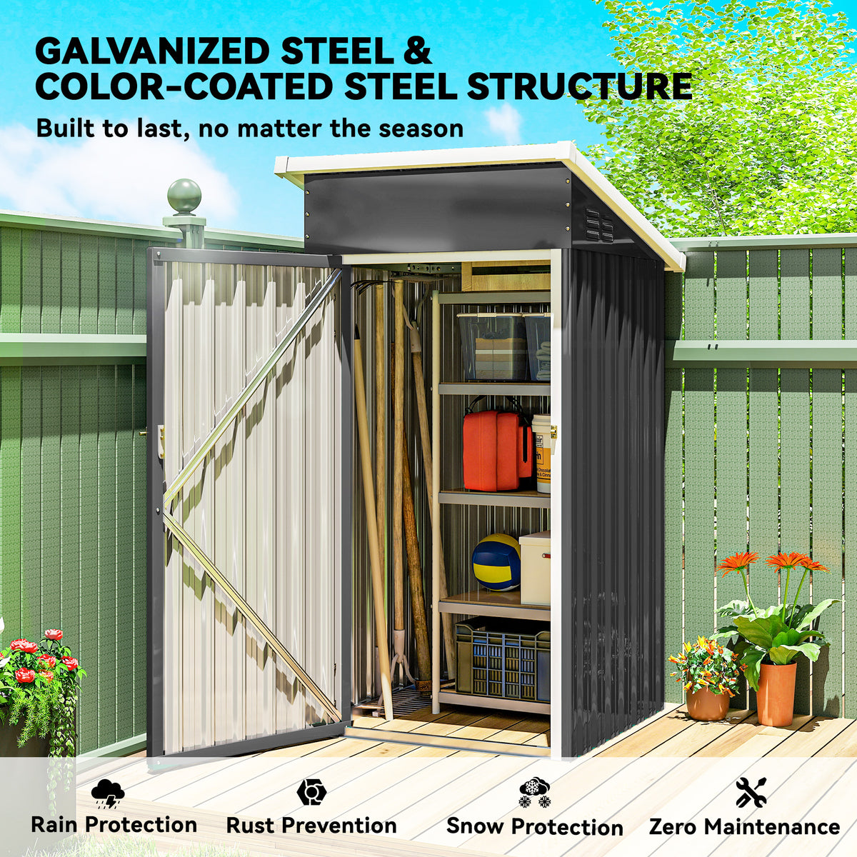 Outsunny 3.5 x 3 ft Outdoor Storage Shed with Sloping Roof, Lockable Door, 2 Vents and Gloves for Garden, Dark Grey