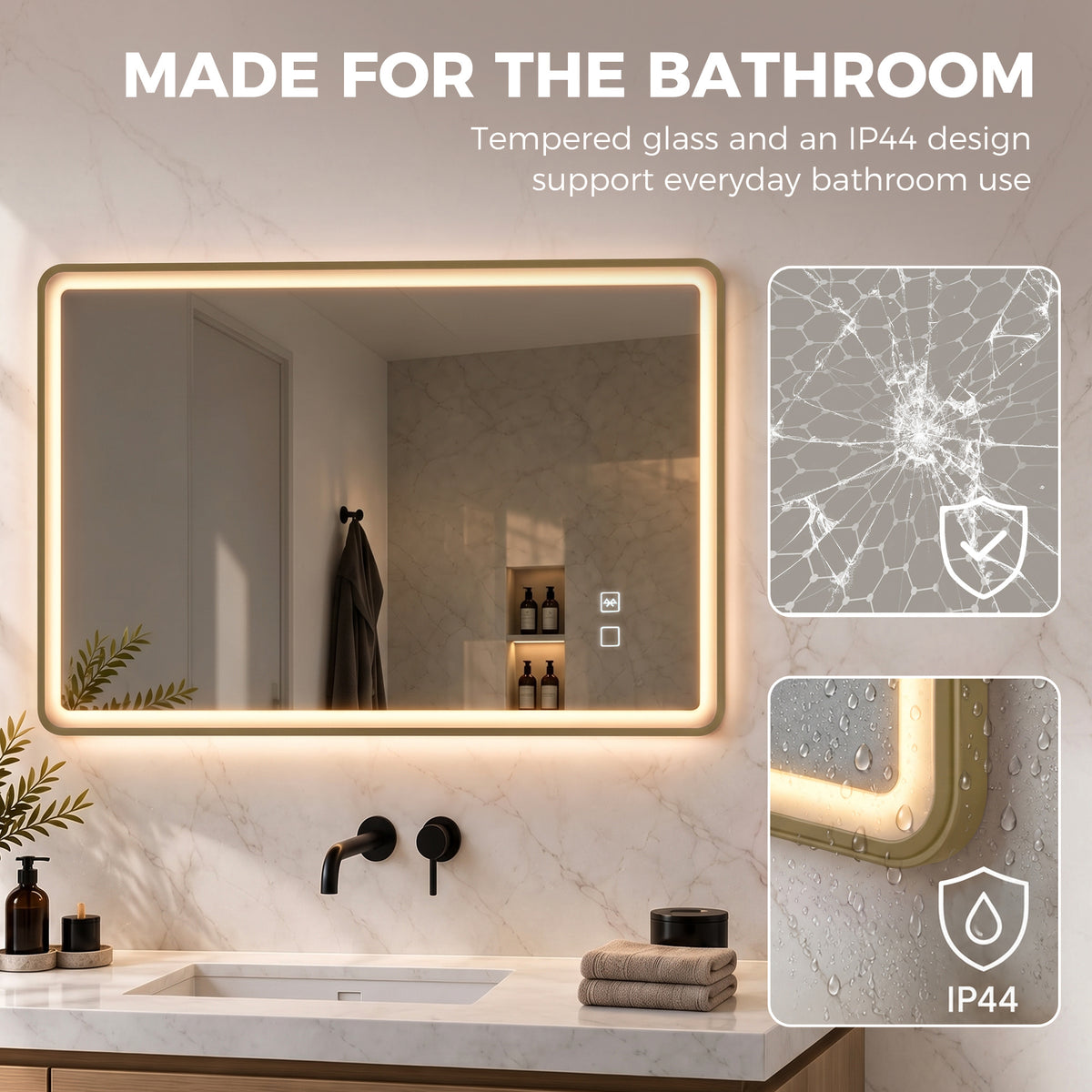 HOMCOM Bathroom Mirror with LED Lights, 100x70cm Rectangle Bathroom Mirror, Dimmable, Bluetooth, Anti-Fog, Gold Tone