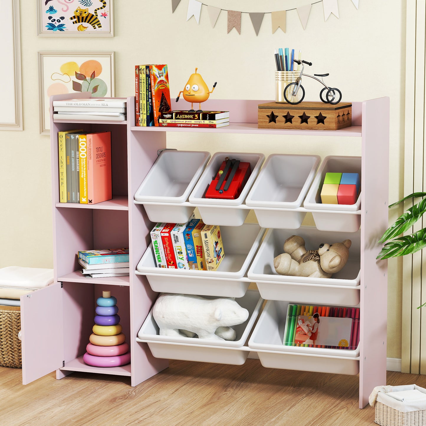 AIYAPLAY Toy Storage Unit with 8 Removable Bins, Storage Shelves, Cabinet, Pink