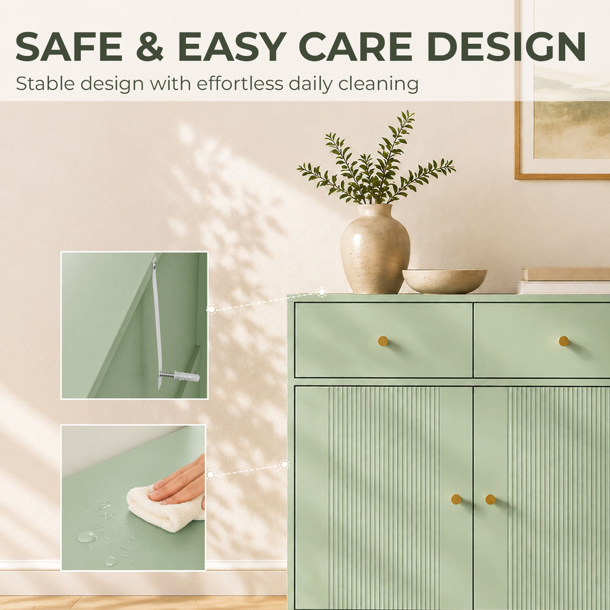HOMCOM Modern Sideboard, Sideboard Storage Cabinet with 2 Drawers and Adjustable Shelf for Living Room, Light Green
