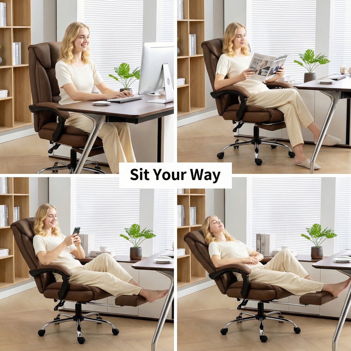 HOMCOM 155Â° Reclining Faux Leather Swivel Office Chair - Brown
