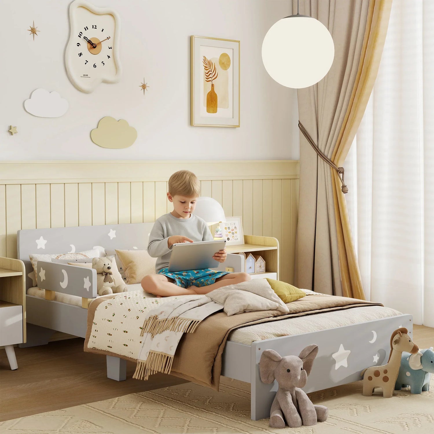 ZONEKIZ Kids Toddler Bed, with Star and Moon Patterns, Side Rails, for Ages 3-6 Years - Grey - LiamsBargains.co.uk