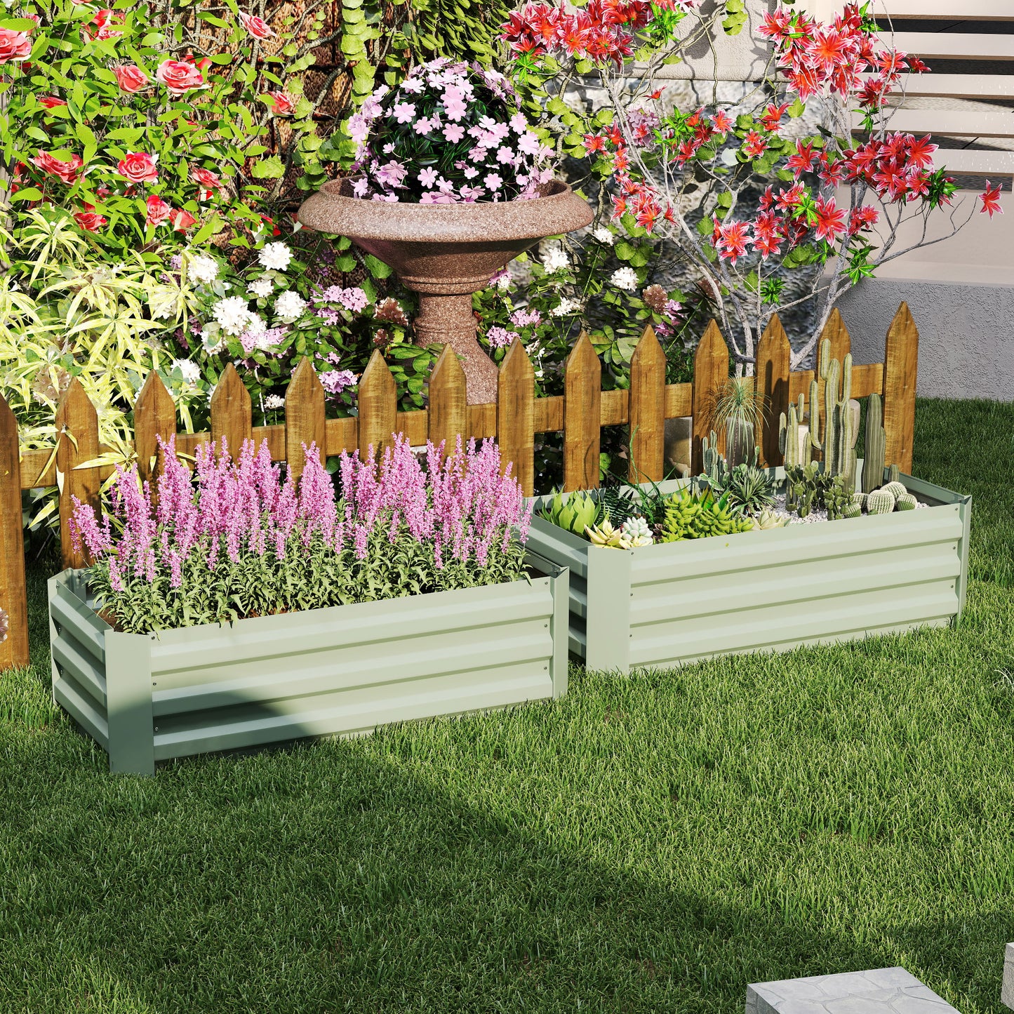 Outsunny Set of 2 291L Raised Garden Bed, Elevated Galvanised Planter Box for Flowers, Herbs, 100x100x30cm, Green