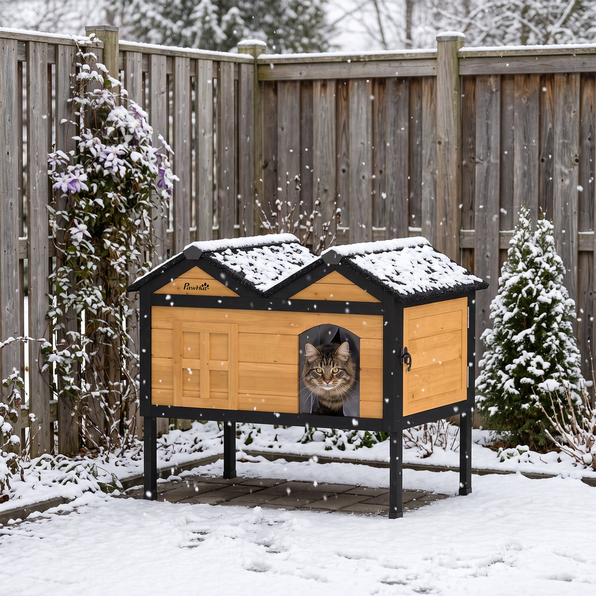PawHut Wooden Cat House Outdoor Indoor with Weatherproof Asphalt Roof, Side Cleaning Door, PVC Curtain
