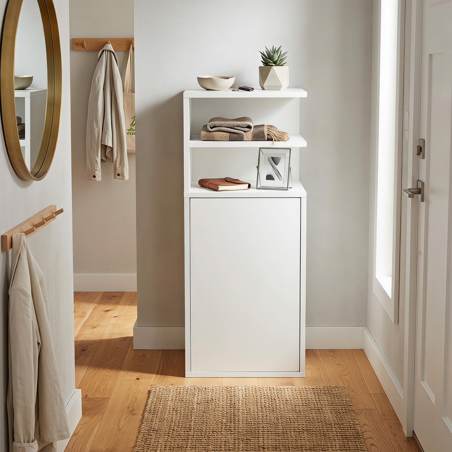 HOMCOM Slim Bedside Table Set of 2, Narrow Bedside Cabinet with Open Cubbies and Cupboard for Bedroom Living Room, White