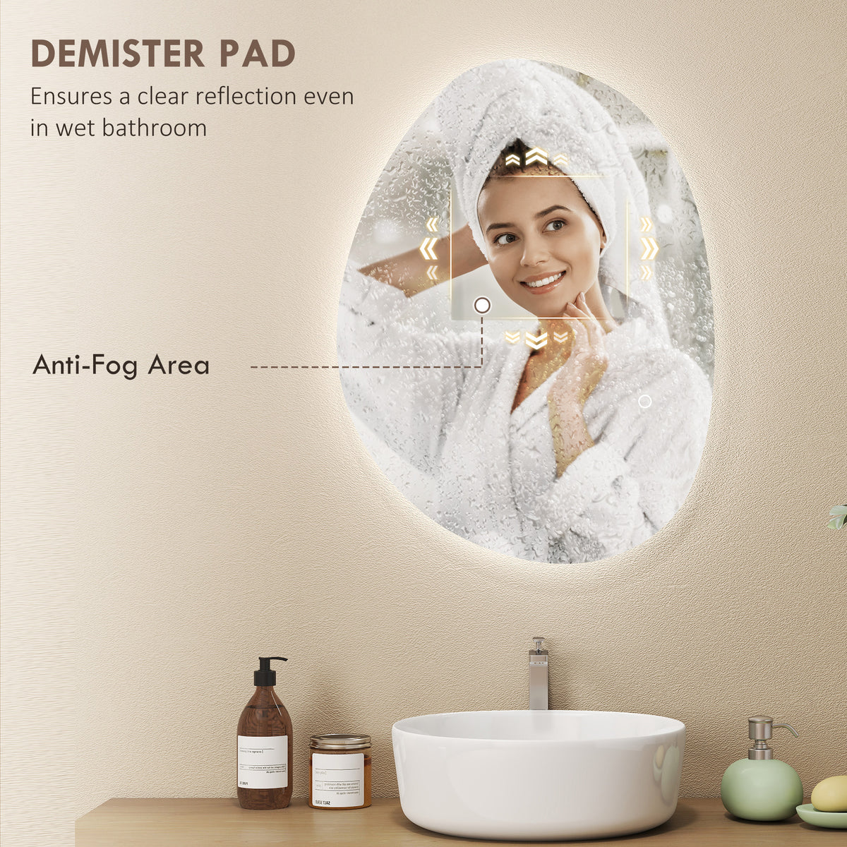 HOMCOM 70x50cm Bathroom Mirror with LED Lights, 3 Colours Dimmable, Anti-Fog, Memory & Touch Switch, IP44