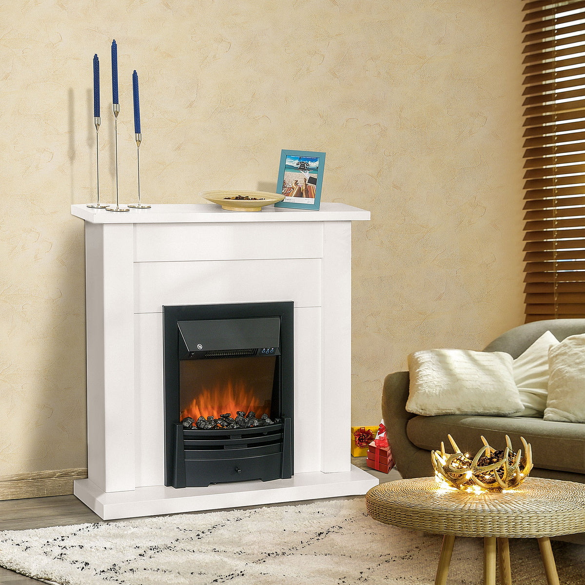 HOMCOM 40" Electric Firplace Suites & Mantelpiece w/LED Flames Remote Marble Stone Modern Curved Surround Intelligent Safe Adjustable Thermal 1000W/2000W
