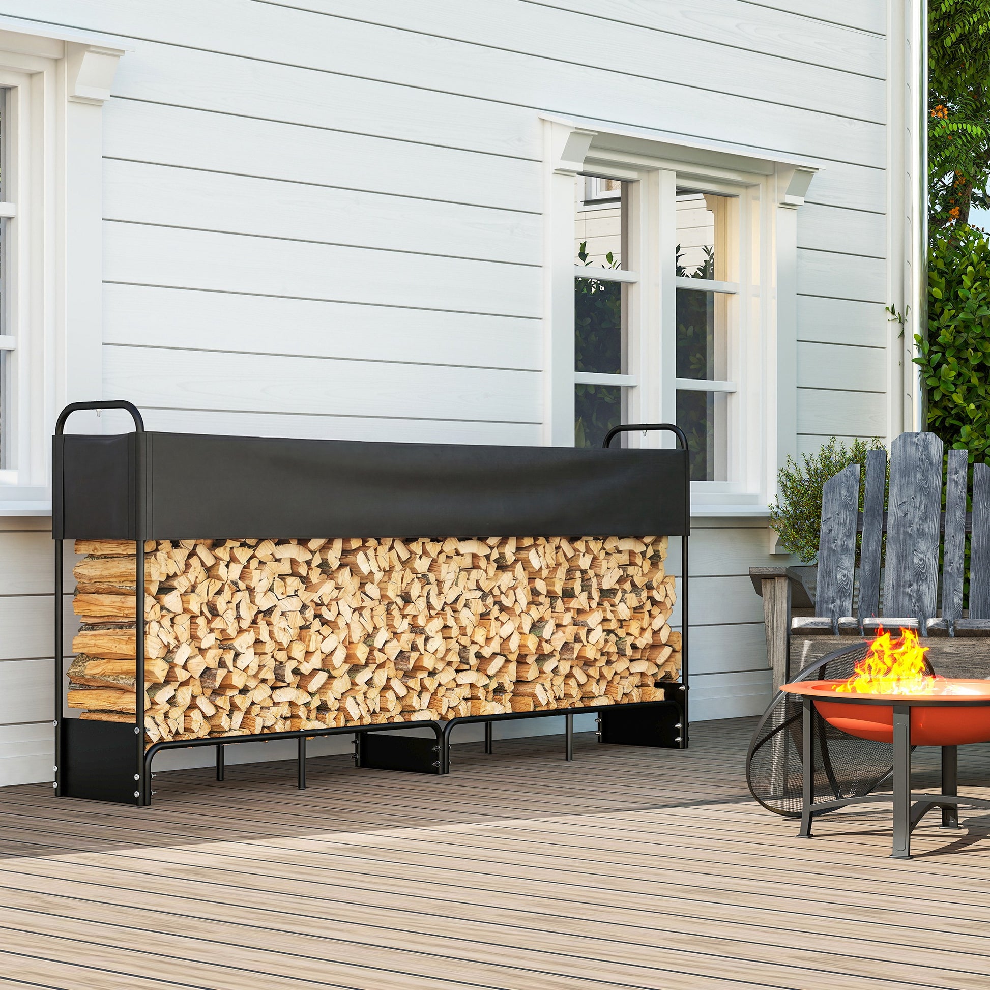 Outsunny 8.5ft Firewood Rack, Heavy Duty Log Storage Holder with Waterproof 600D Oxford Log Cover for Fireplace Fire Pits Outdoor Patio Wood Storage, 500 kg Large Capacity, Black