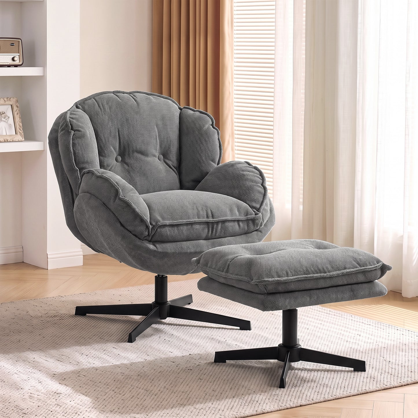 HOMCOM Armchair with Adjustable Footstool, 360Â° Swivel Chenille Cloud Accent Chair with Thick Cushion, Steel Base, Grey