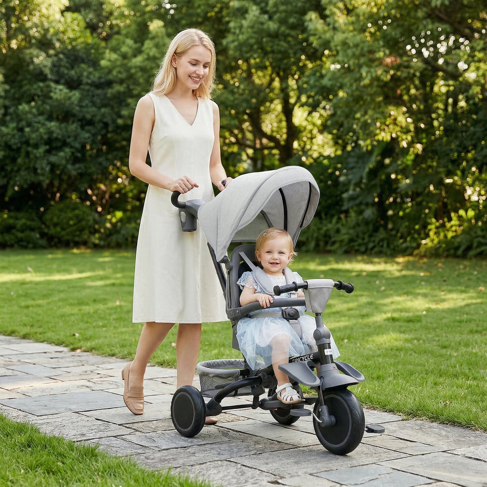 AIYAPLAY 6 in 1 Foldable Kids Trike with Adjustable Parent Handle & Canopy for Ages 1-5, Grey