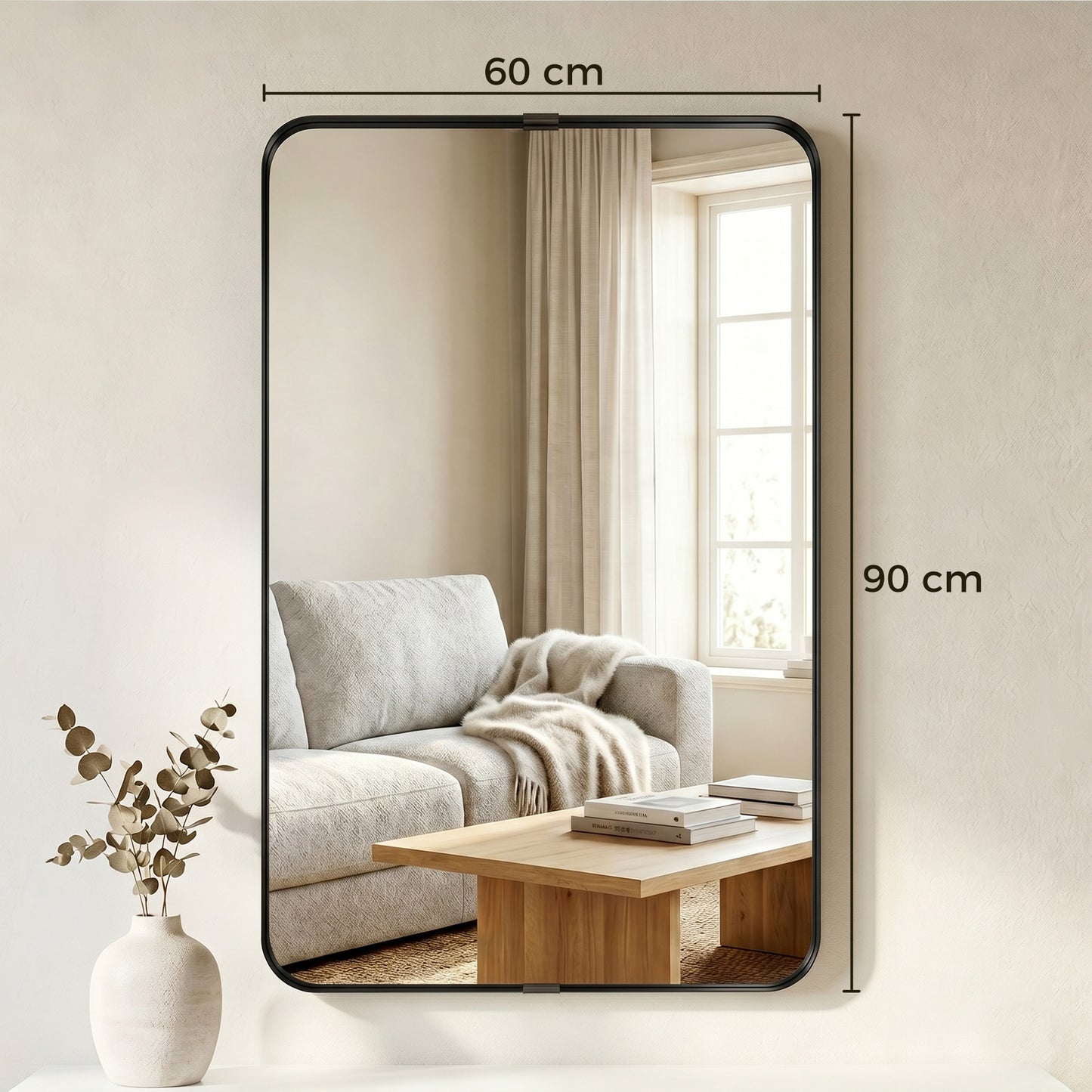 HOMCOM Rectangular Wall Mirror, 90 x 60 cm Wall Mounted Bathroom Mirror with Aluminium Alloy Frame and Tempered Glass, Black