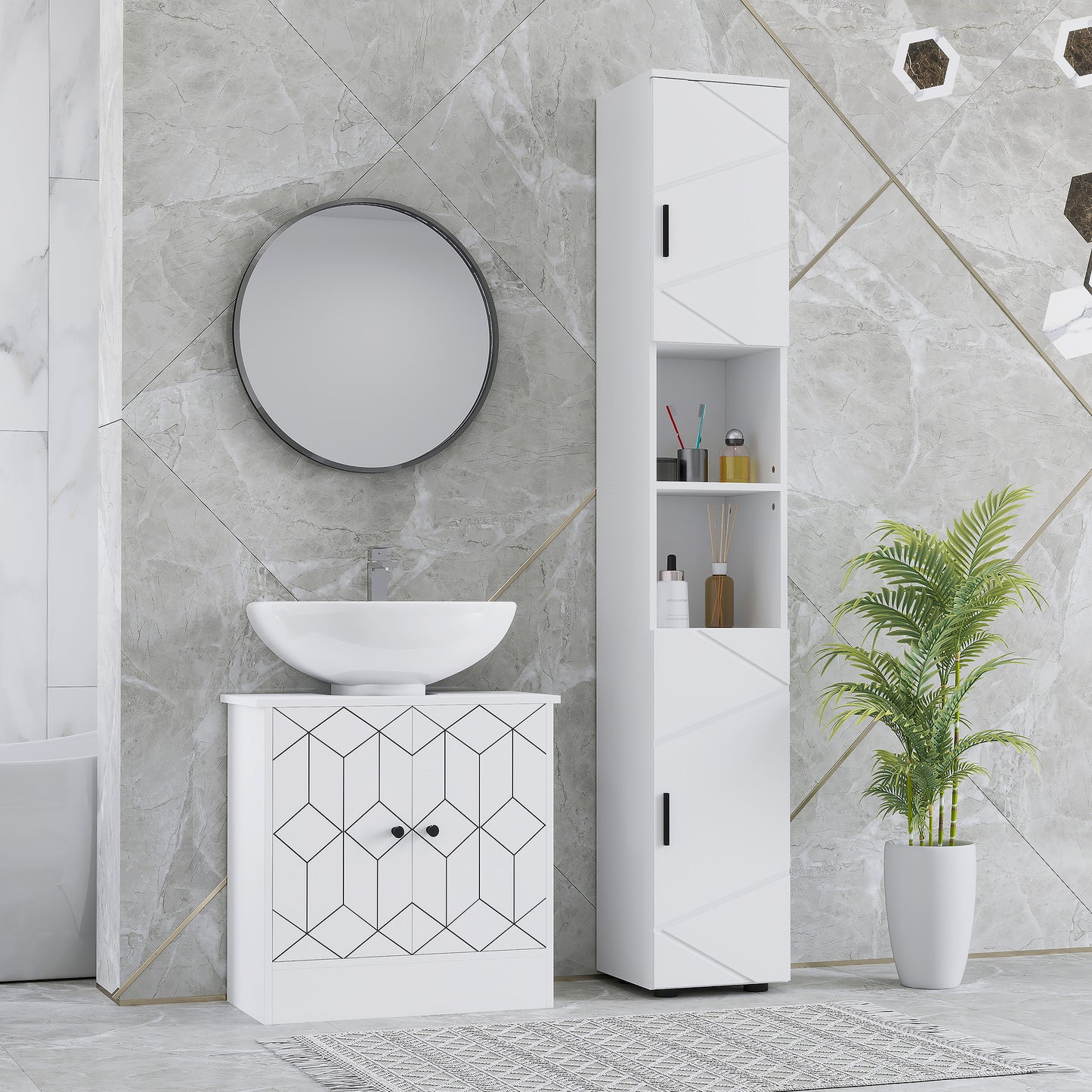 kleankin Line Embossed Tall Bathroom Storage Cabinet - White