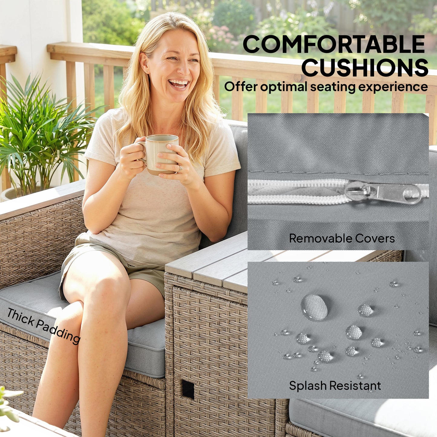 Outsunny 5 Piece Rattan Garden Furniture Set with Storage Table, Footstools, Cushions, Dark Grey