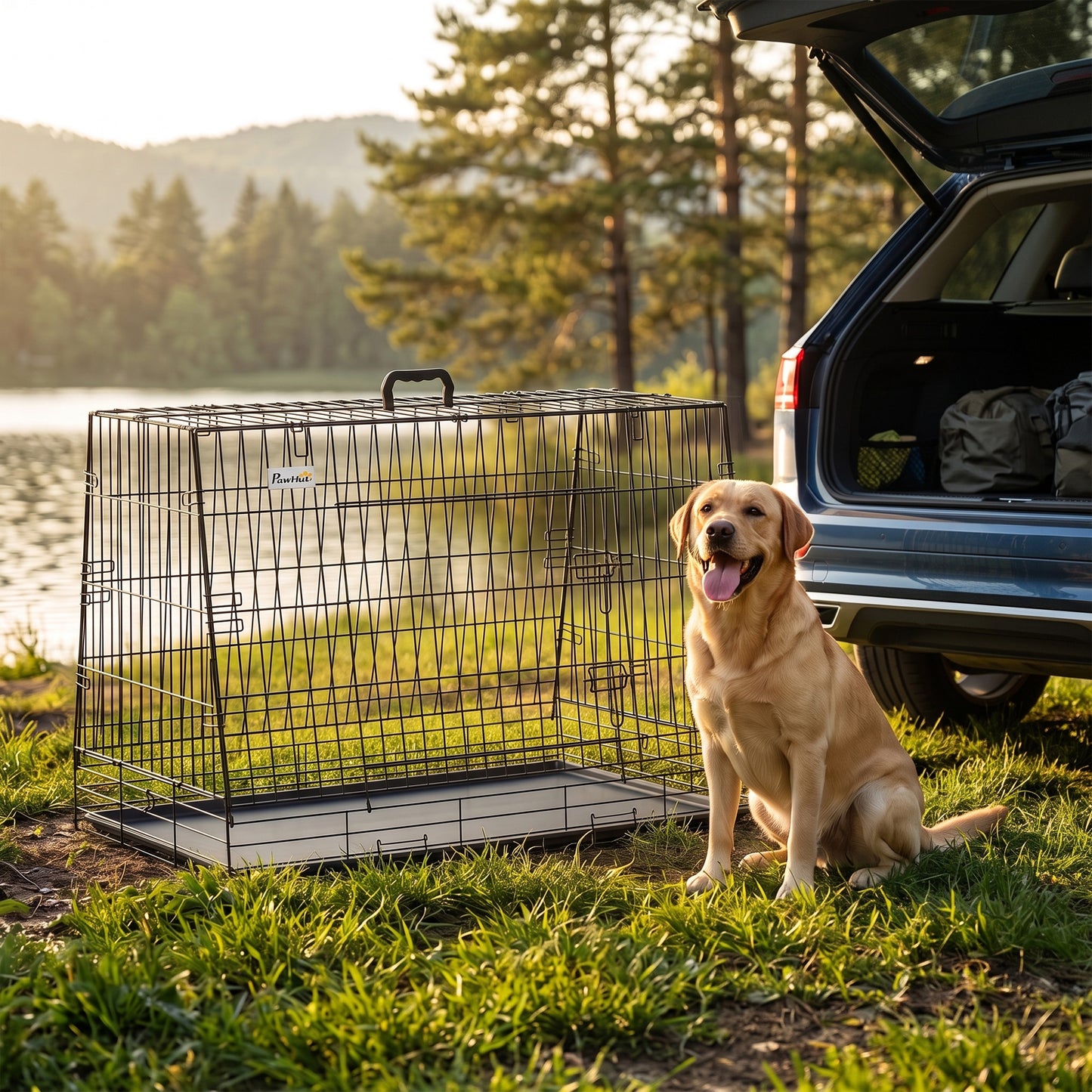 PawHut 35"(90 cm) Car Dog Crate Medium Large Collapsible Slanted Travel Dog Cage with Tray for Car Boot