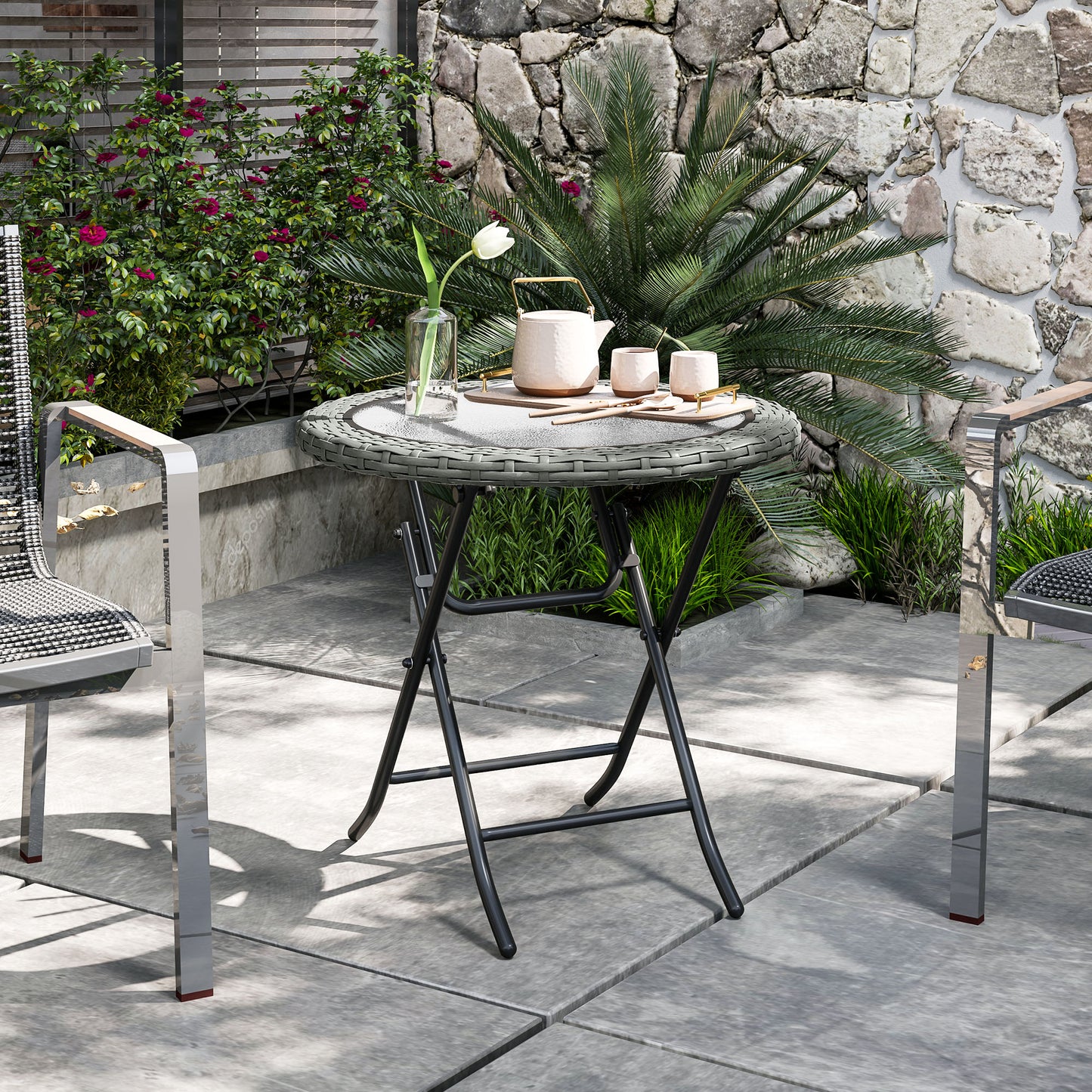 Outsunny Folding Rattan Garden Dining Table, 68 cm Round Rattan Garden Table with Water Ripple Tempered Glass Top, Wicker Edging  and Steel Frame for Outdoor, Patio, Grey