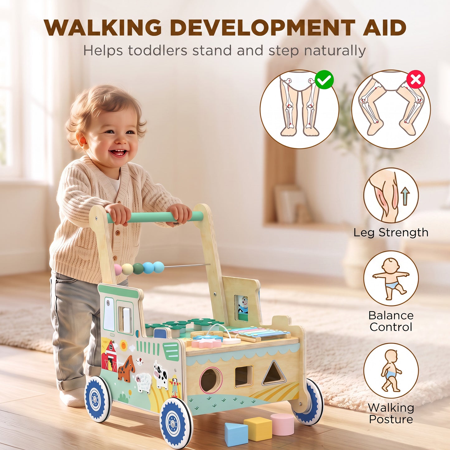 AIYAPLAY Wooden Baby Walker for 1-3 Year, Montessori Inspired Push Along Walker Toys, Multifunctional Activity Centre