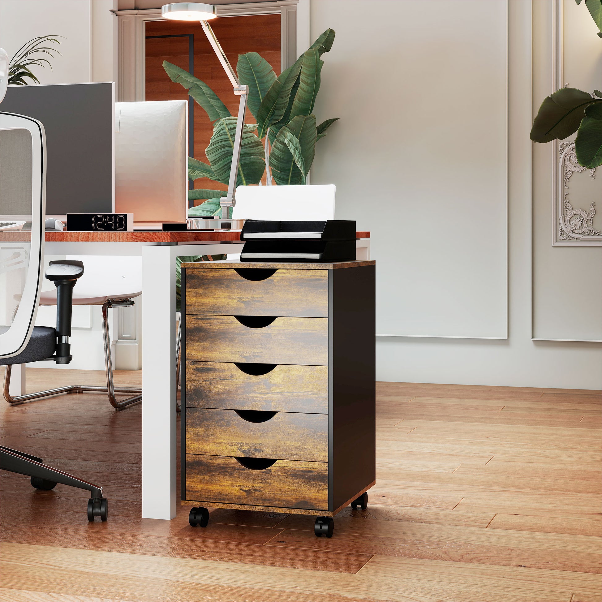 HOMCOM Five-Drawer Filing Cabinet - Rustic Brown