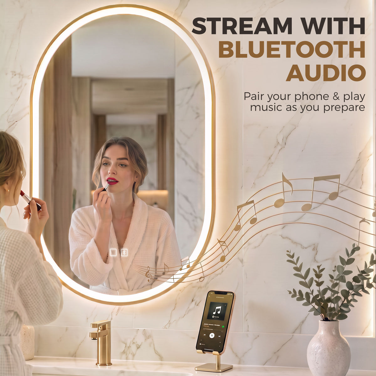 HOMCOM Bathroom Mirror with LED Lights, 100x70cm Oval Bathroom Mirror, Dimmable, Bluetooth, Anti-Fog, Gold Tone