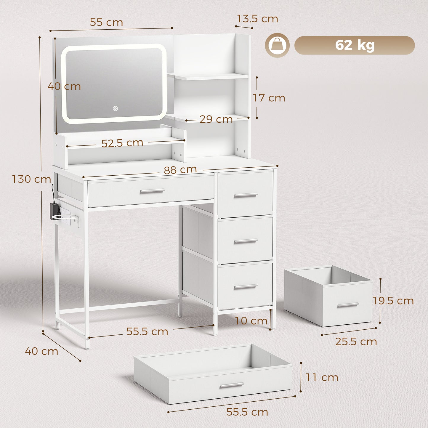 HOMCOM Dressing Table with 3-Colour LED Mirror, Power Outlet, Vanity Desk with 4 Drawers, 5 Shelves, Hair Dryer Holder